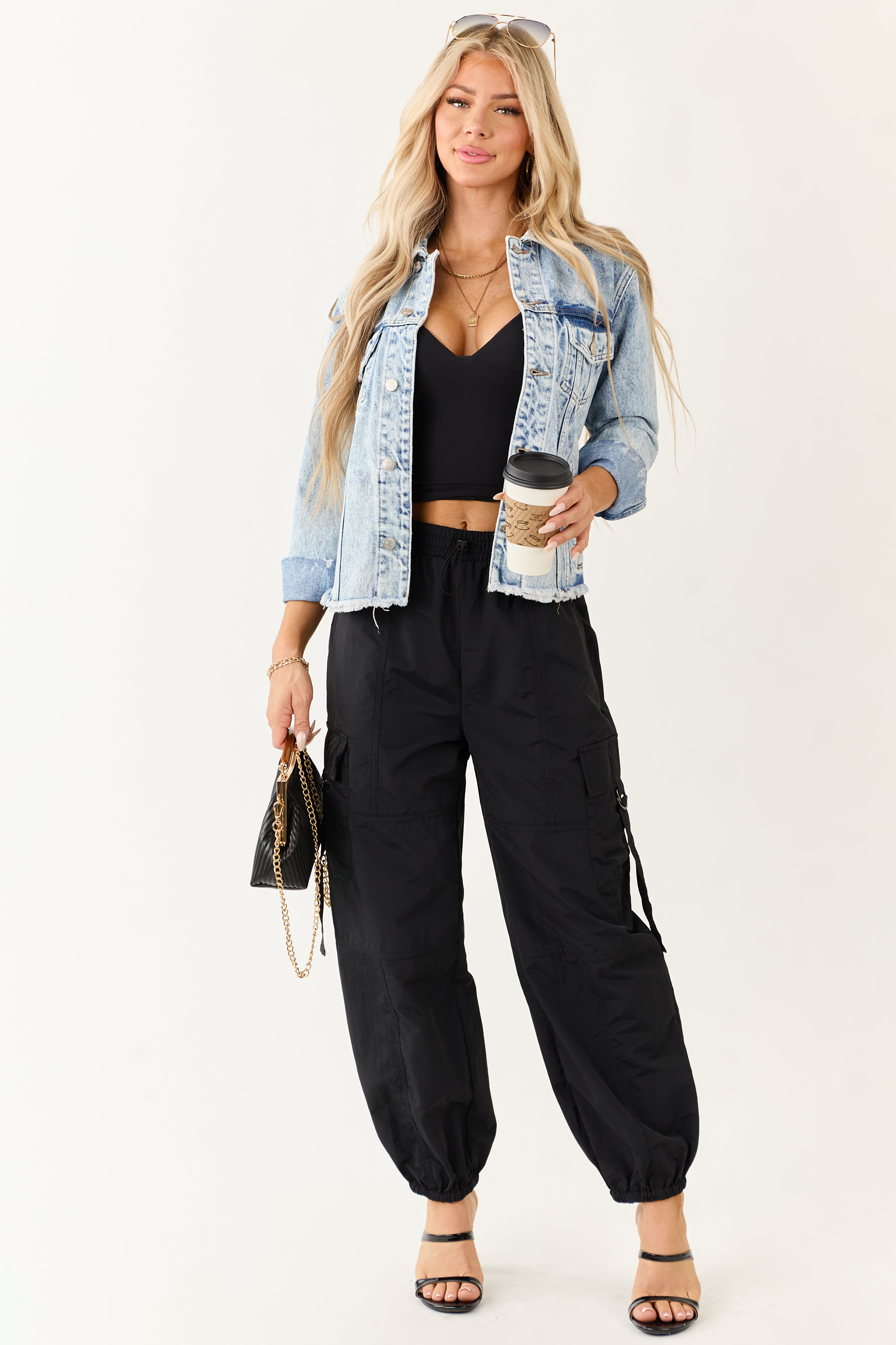 Black Drawstring Waistband Cargo Jogger Pants