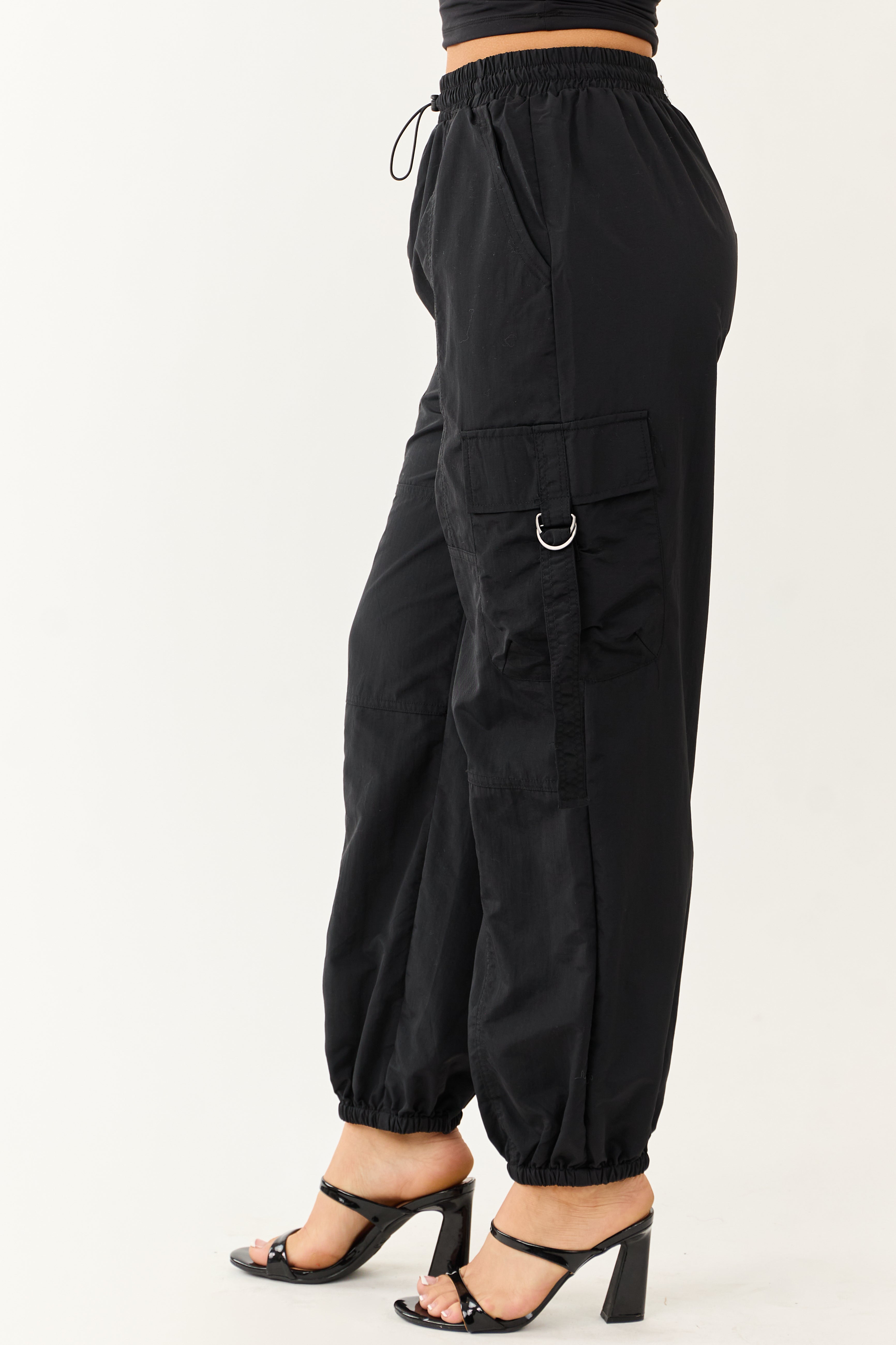 Black Drawstring Waistband Cargo Jogger Pants