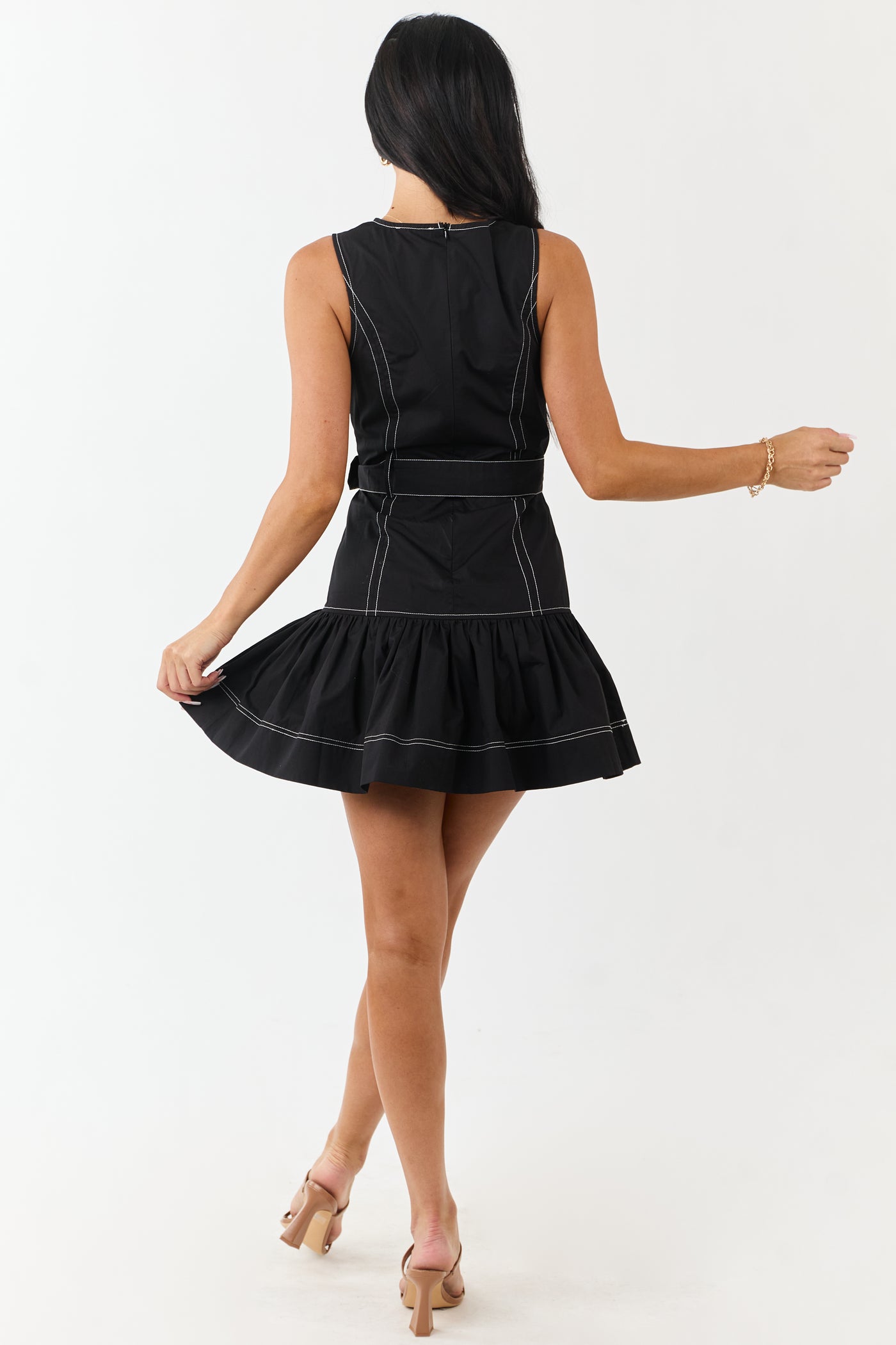 Black Drop Waist Cotton Mini Dress with Belt
