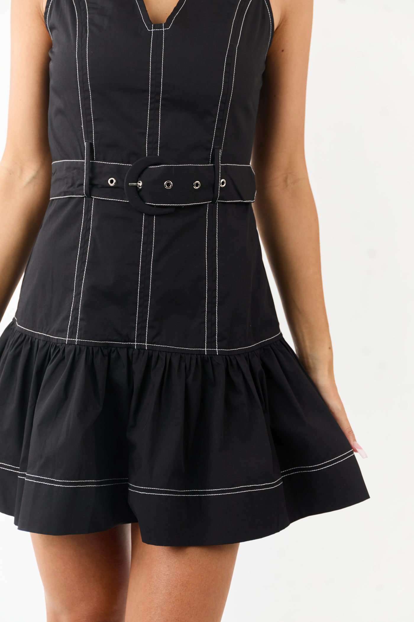 Black Drop Waist Cotton Mini Dress with Belt