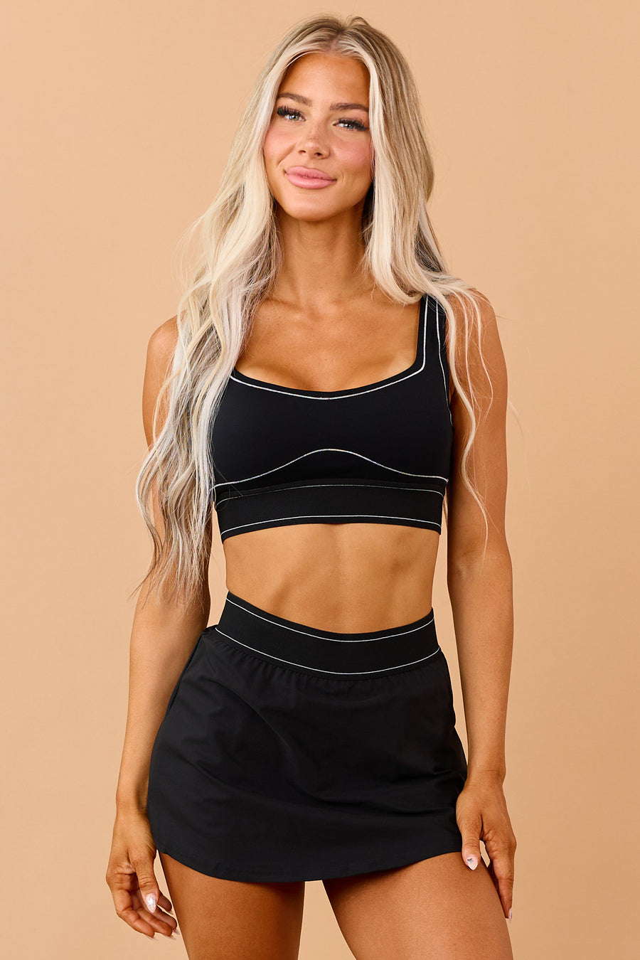 Black Elastic Contrast Stitch Sports Bra