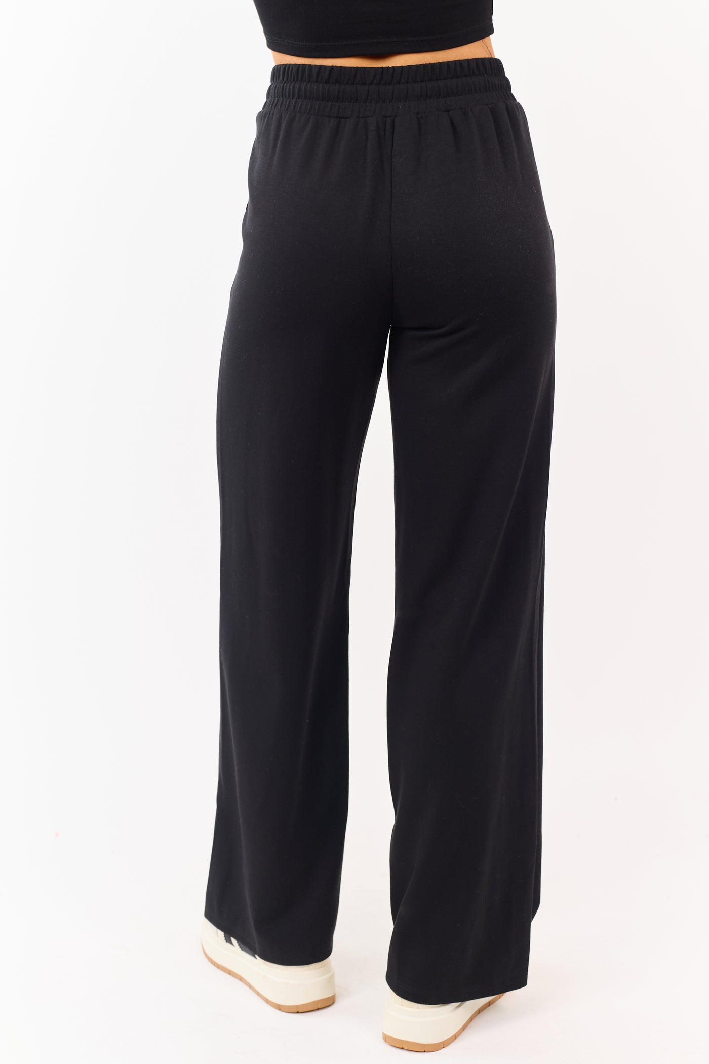 Black Elastic Waist Drawstring Wide Leg Sweatpants