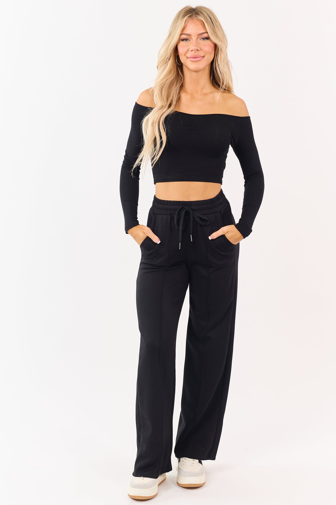 Black Elastic Waist Drawstring Wide Leg Sweatpants