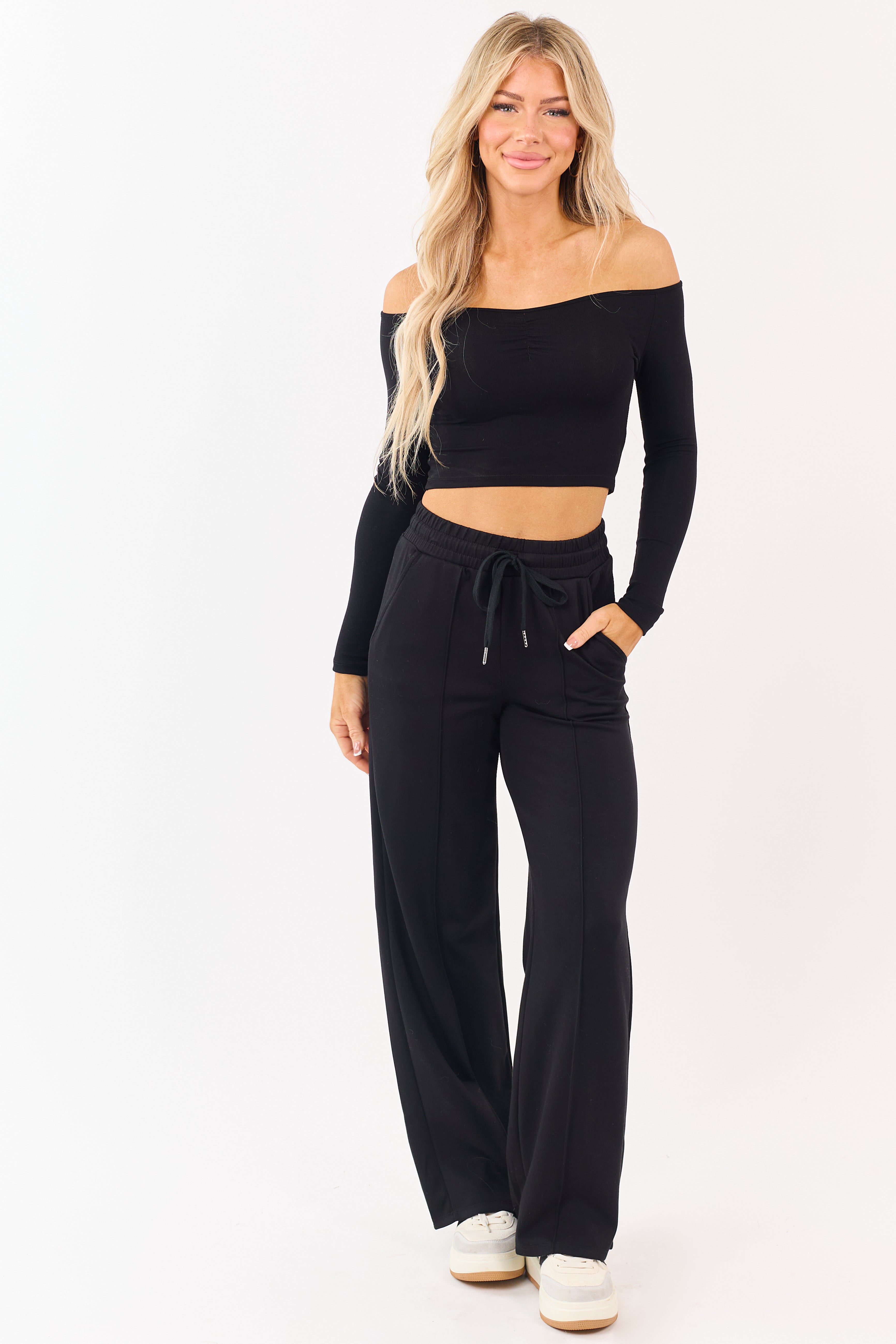 Black Elastic Waist Drawstring Wide Leg Sweatpants | Lime Lush
