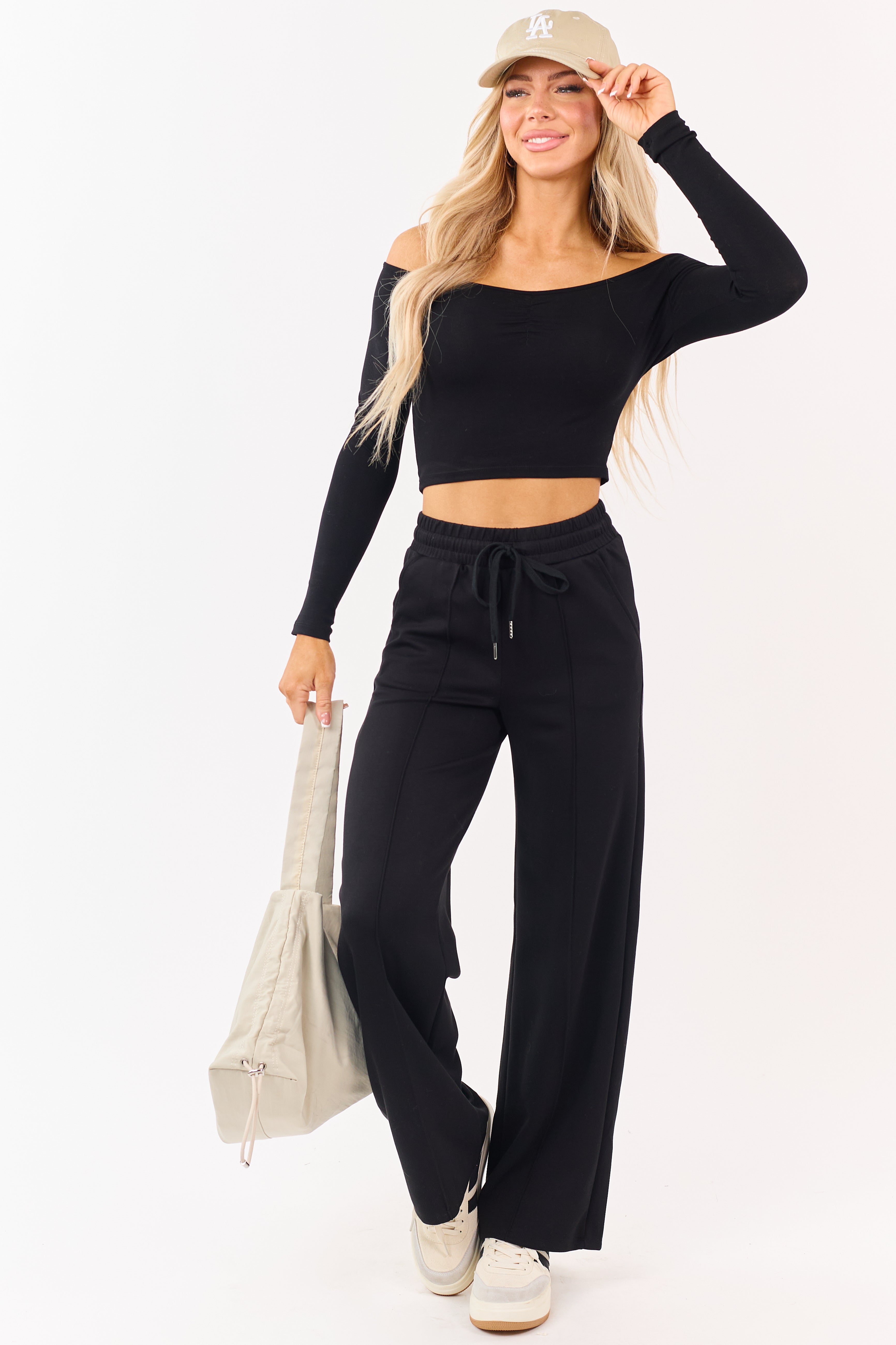 Black Elastic Waist Drawstring Wide Leg Sweatpants
