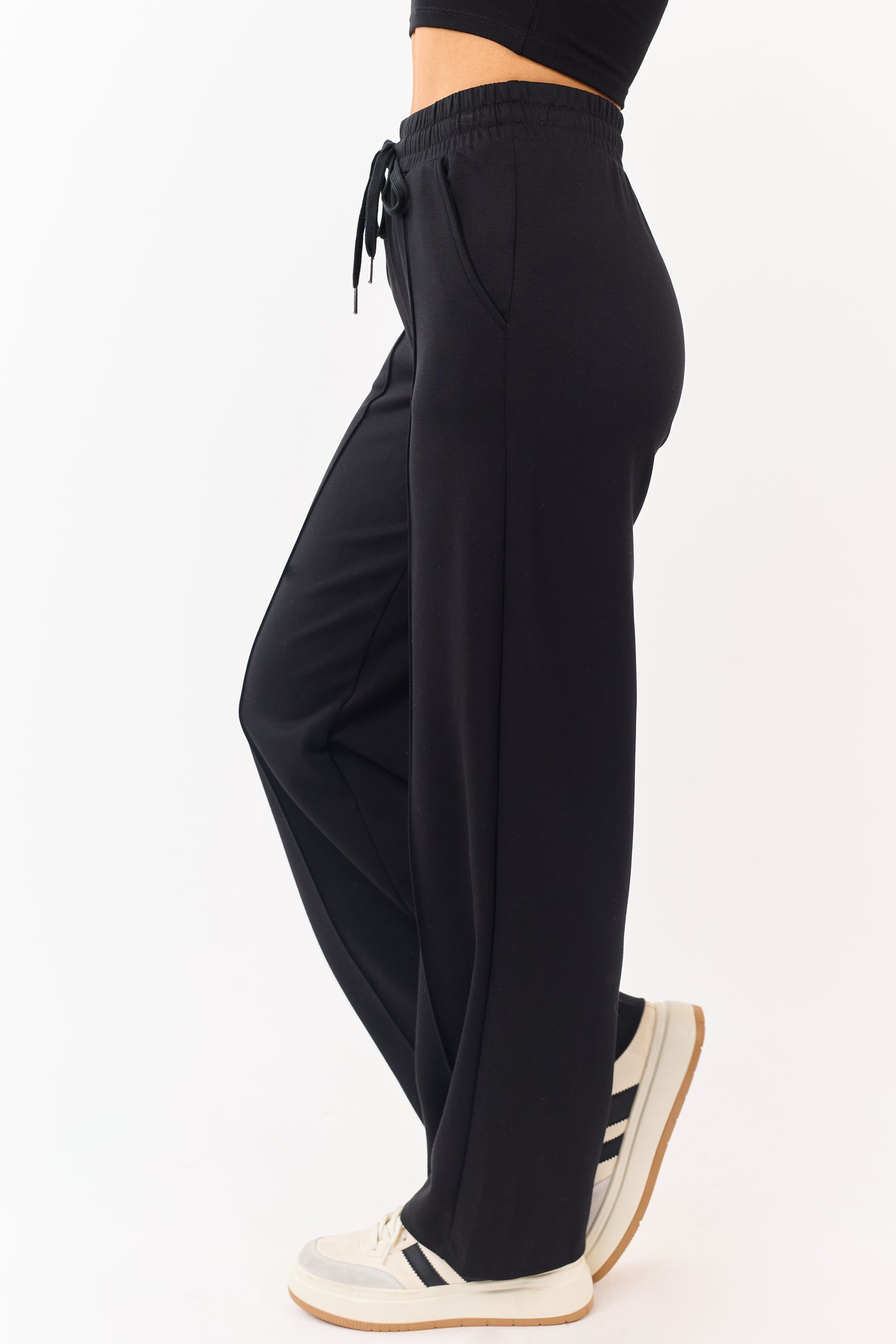 Black Elastic Waist Drawstring Wide Leg Sweatpants