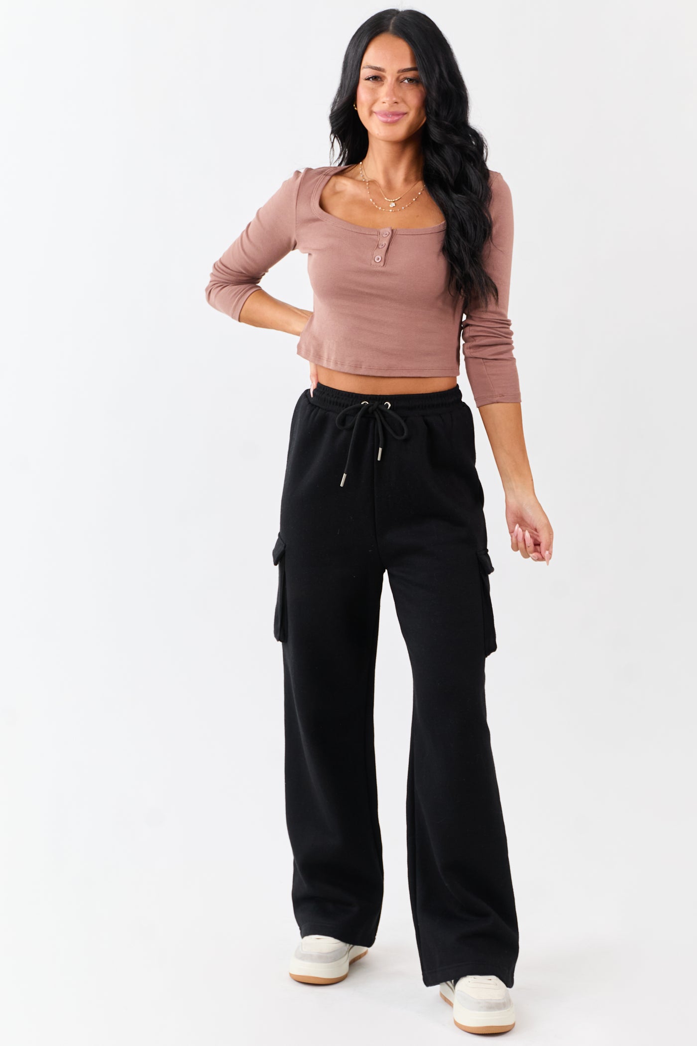 Black Elastic Waist Knit Cargo Sweatpants