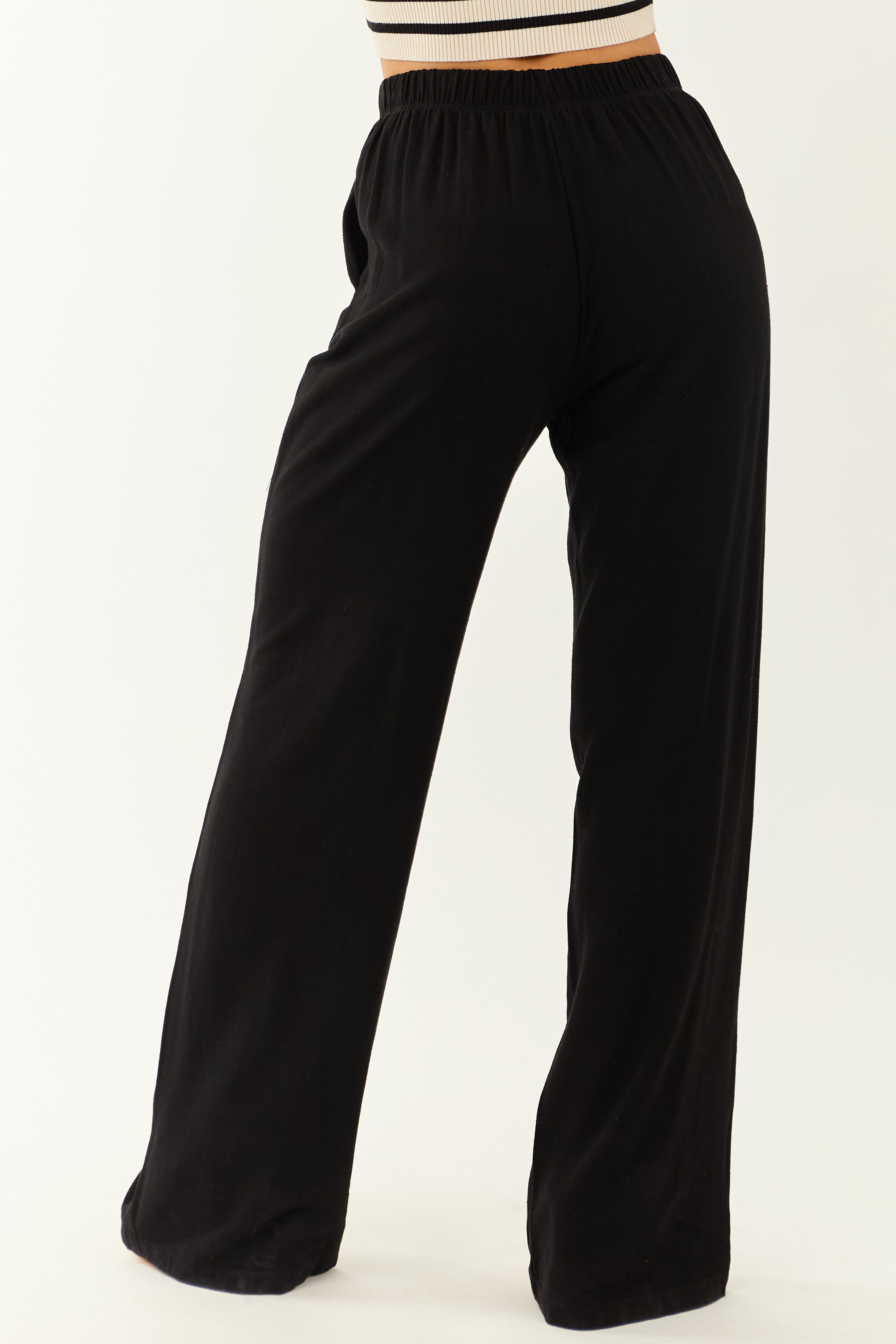 Black Elastic Waist Wide Leg Linen Pants