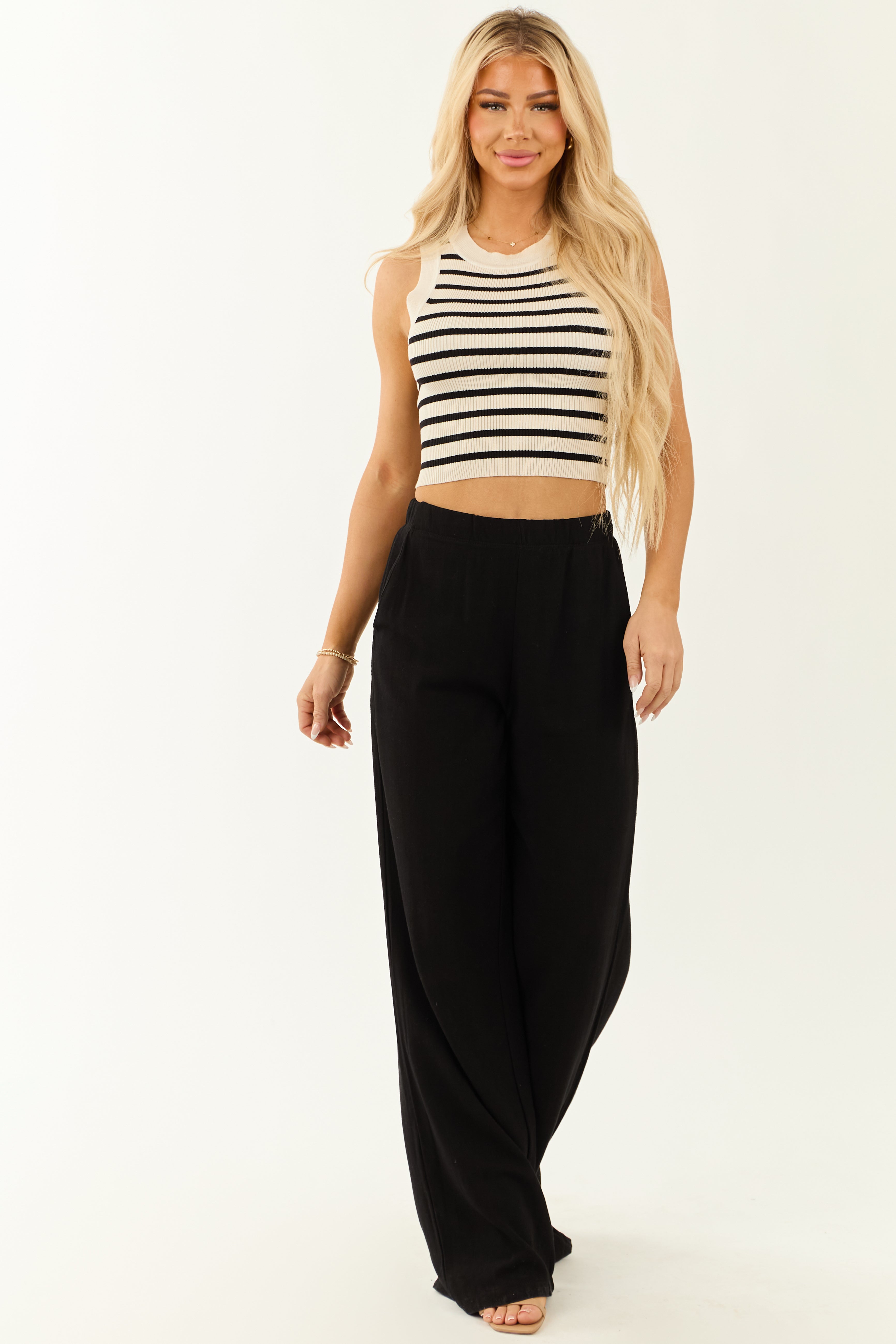 Black Elastic Waist Wide Leg Linen Pants