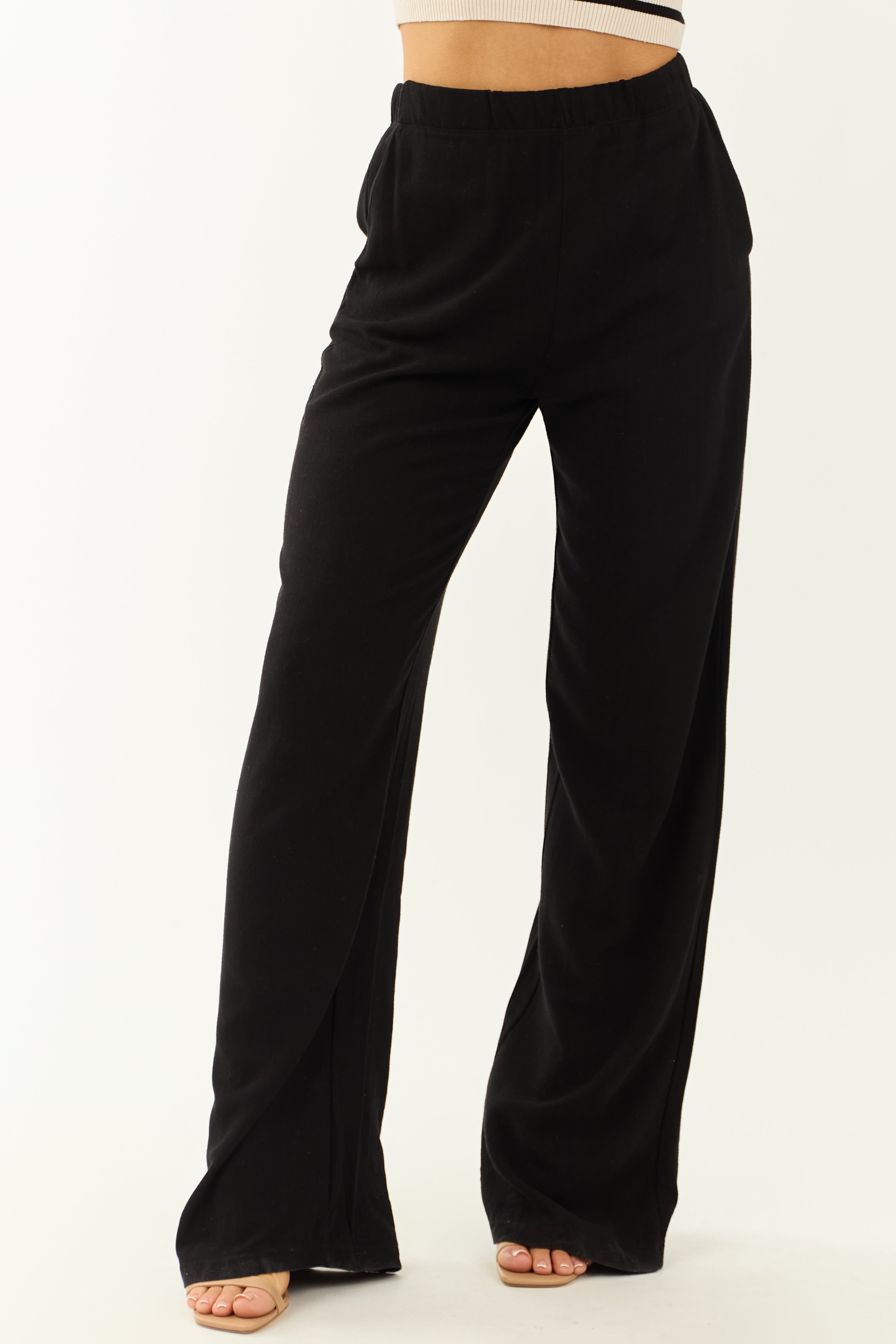 Black Elastic Waist Wide Leg Linen Pants