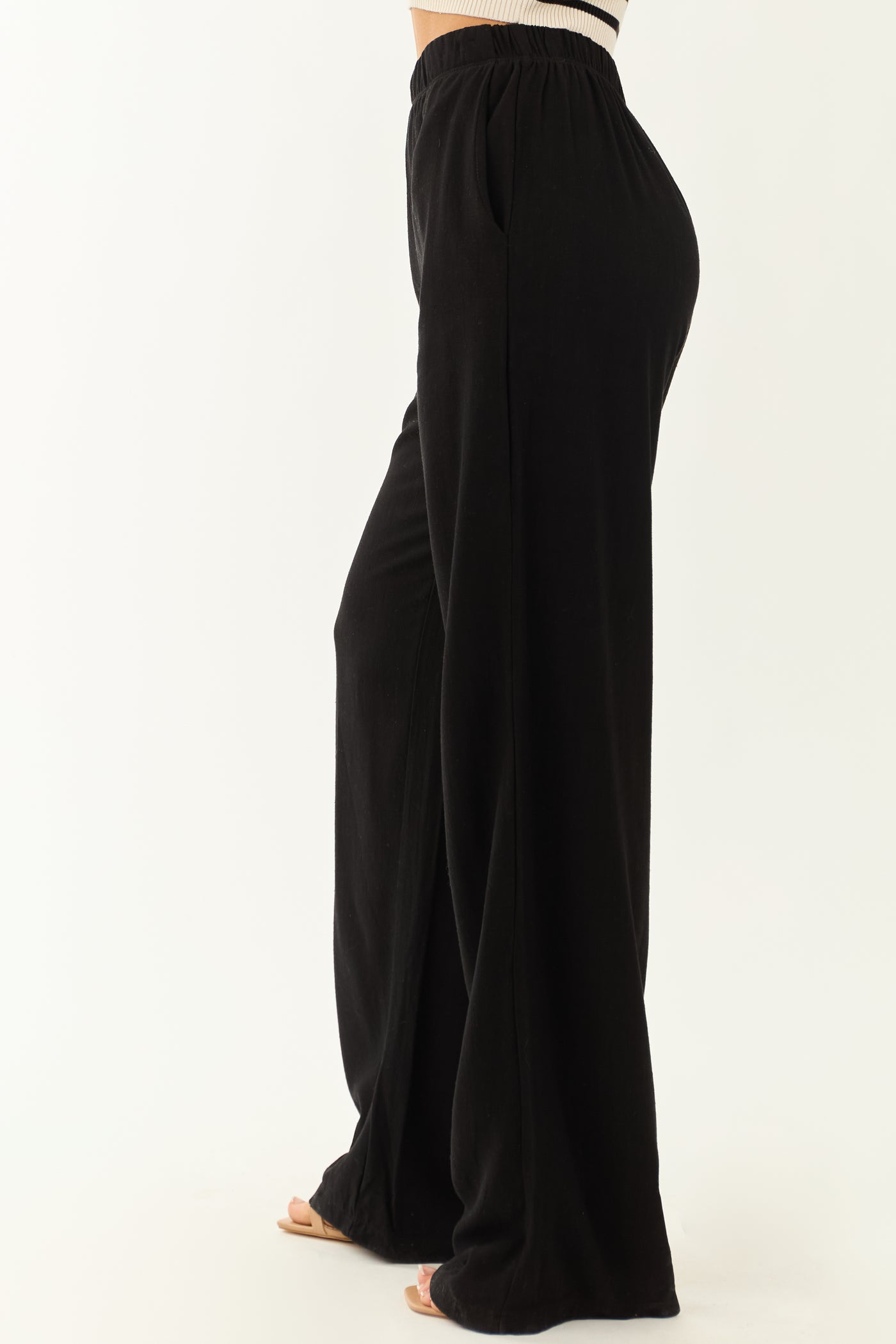 Black Elastic Waist Wide Leg Linen Pants