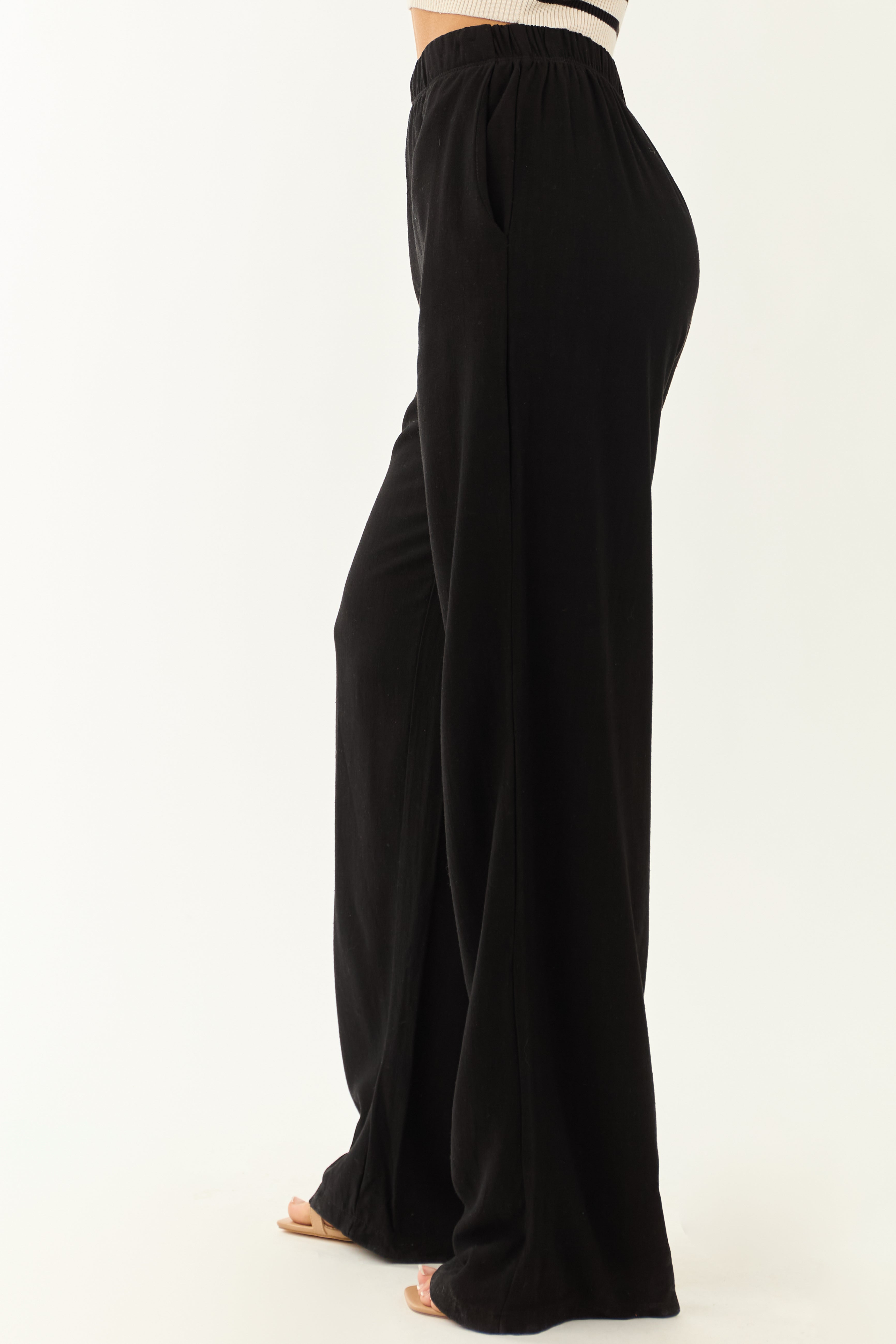 Black Elastic Waist Wide Leg Linen Pants