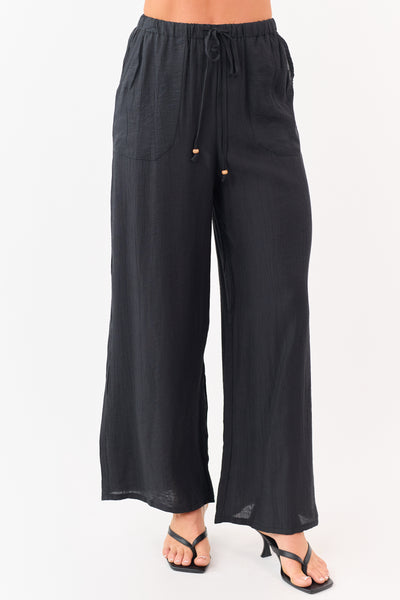 Black Elastic Waistband Wide Leg Flowy Pants