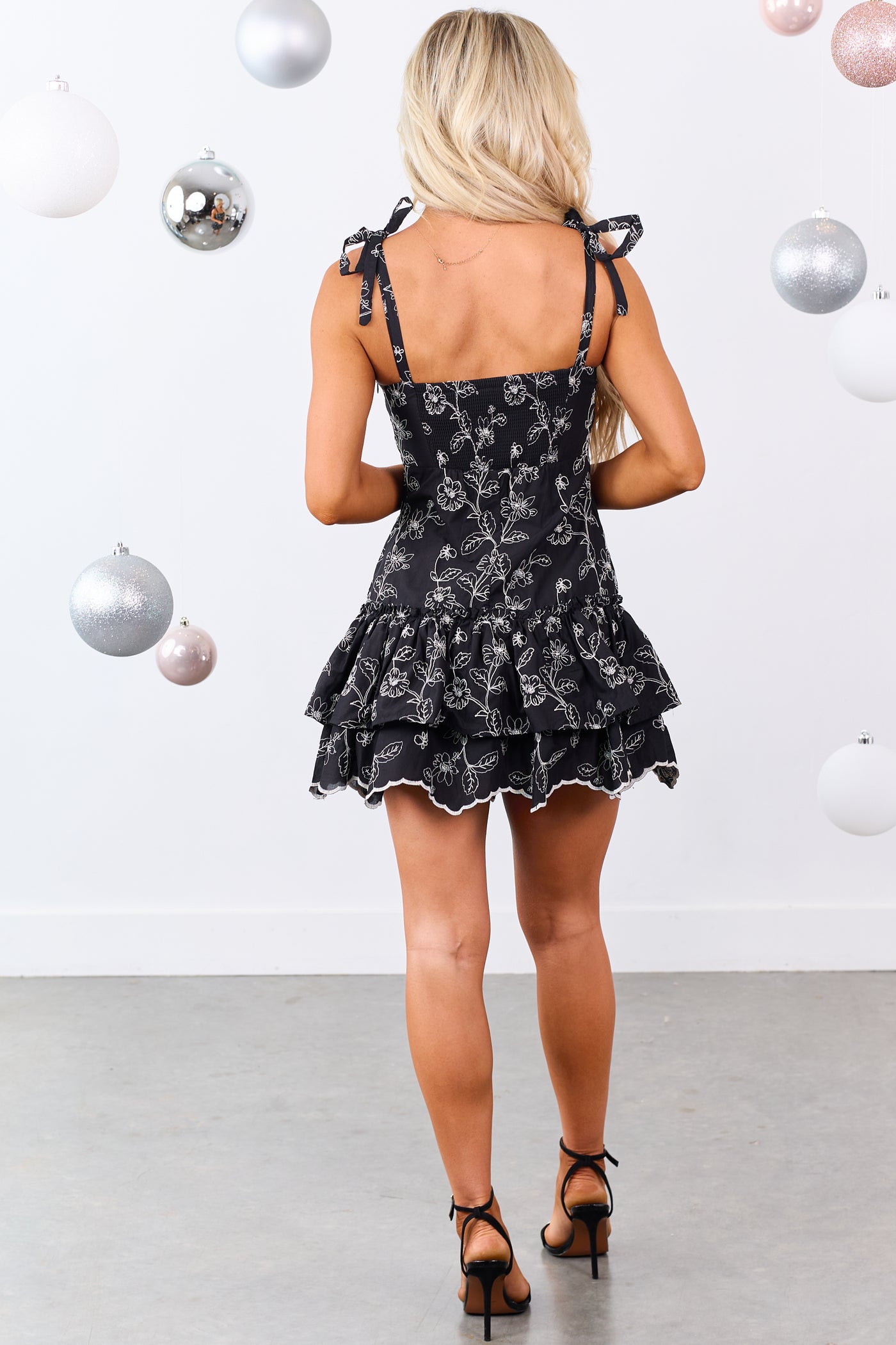 Black Embroidered Floral Tie Strap Mini Dress