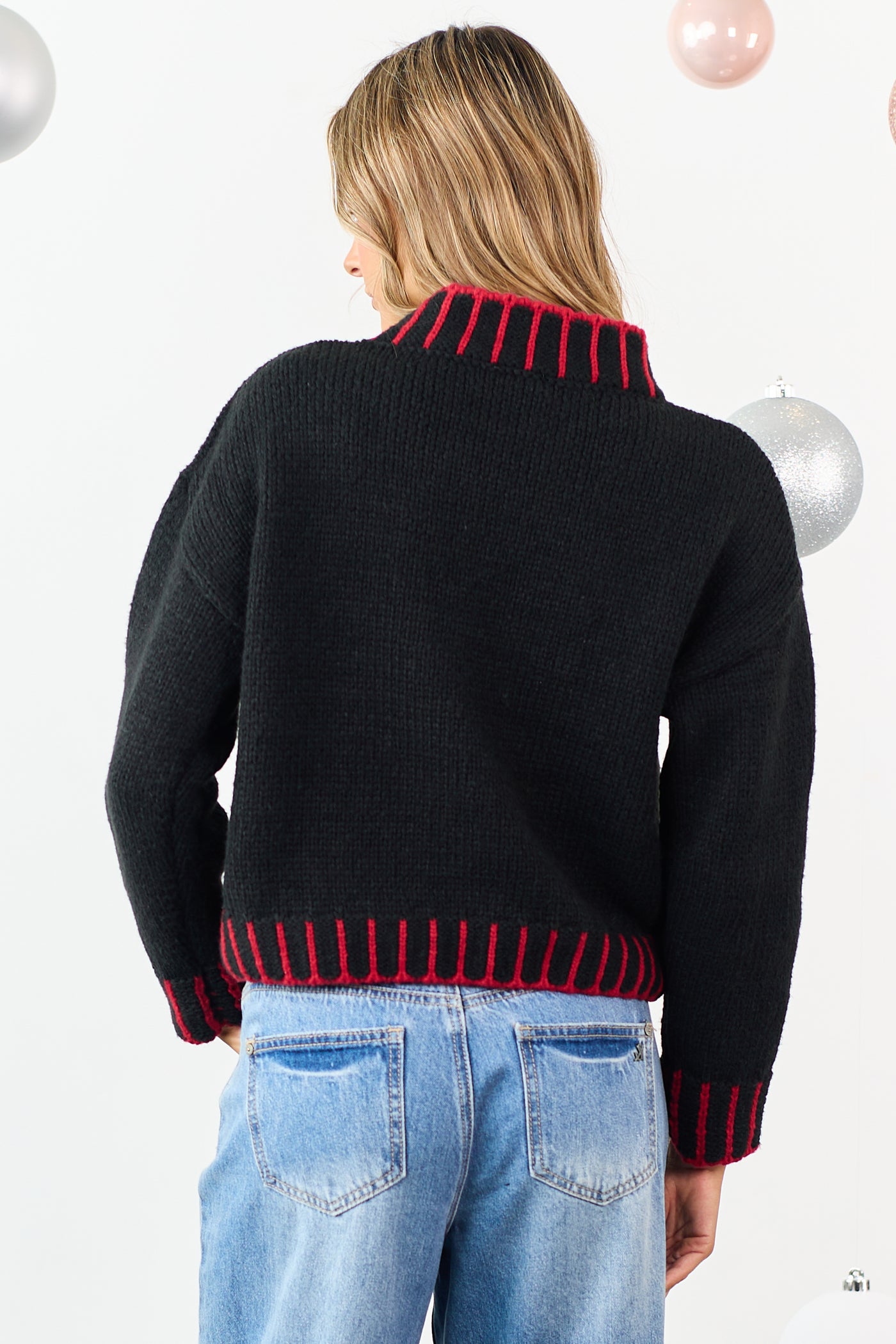 Black Embroidered Snowflake Pattern Knit Sweater