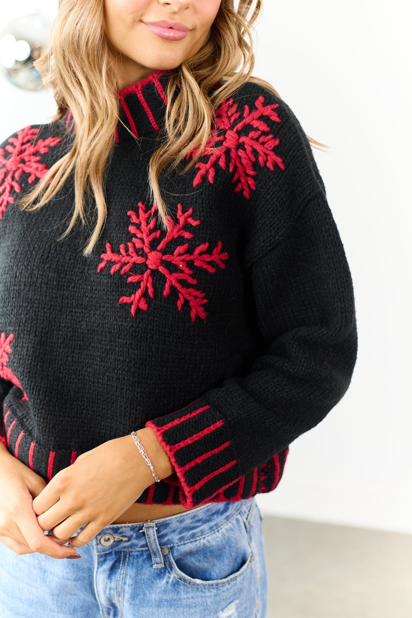 Black Embroidered Snowflake Pattern Knit Sweater