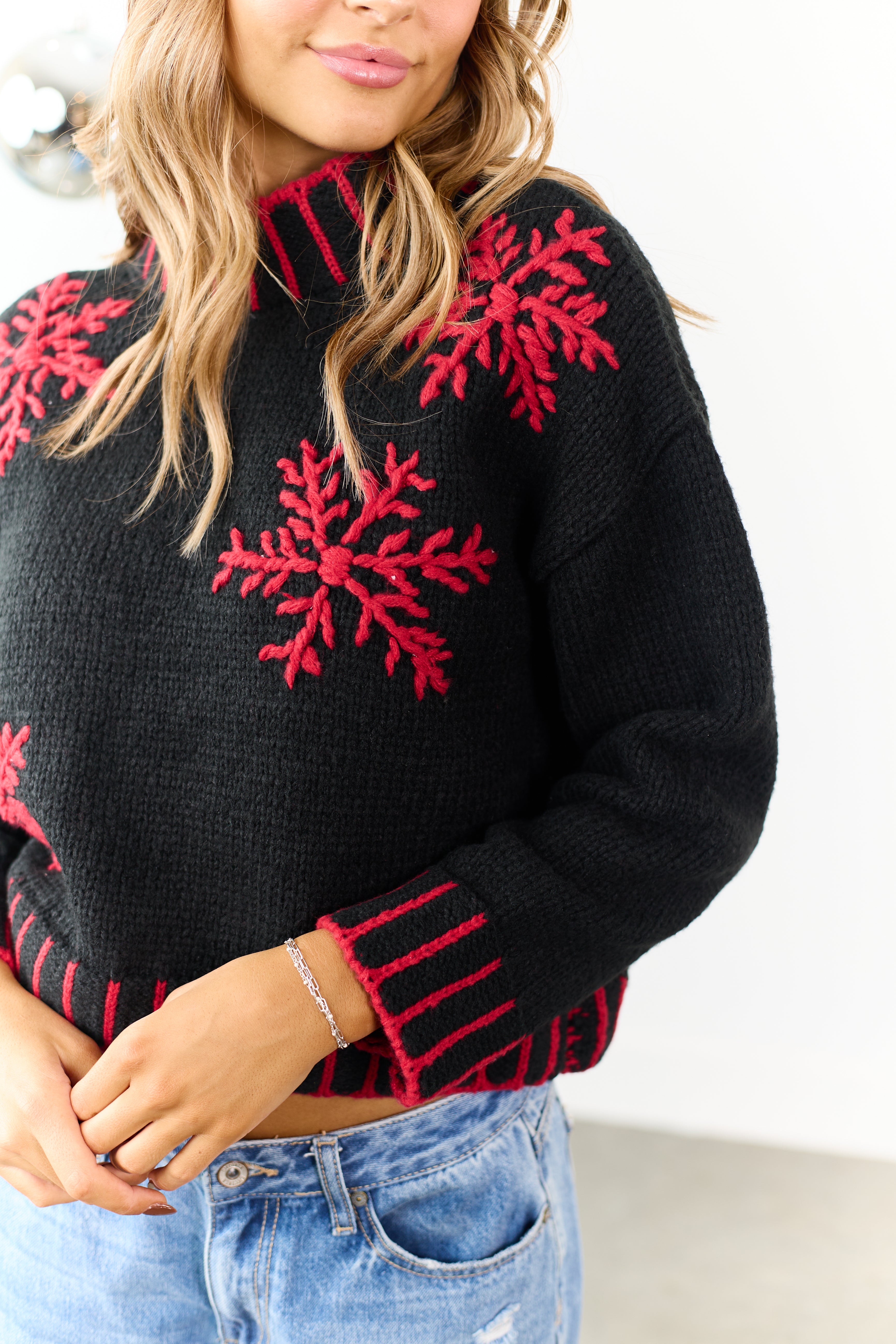Black Embroidered Snowflake Pattern Knit Sweater