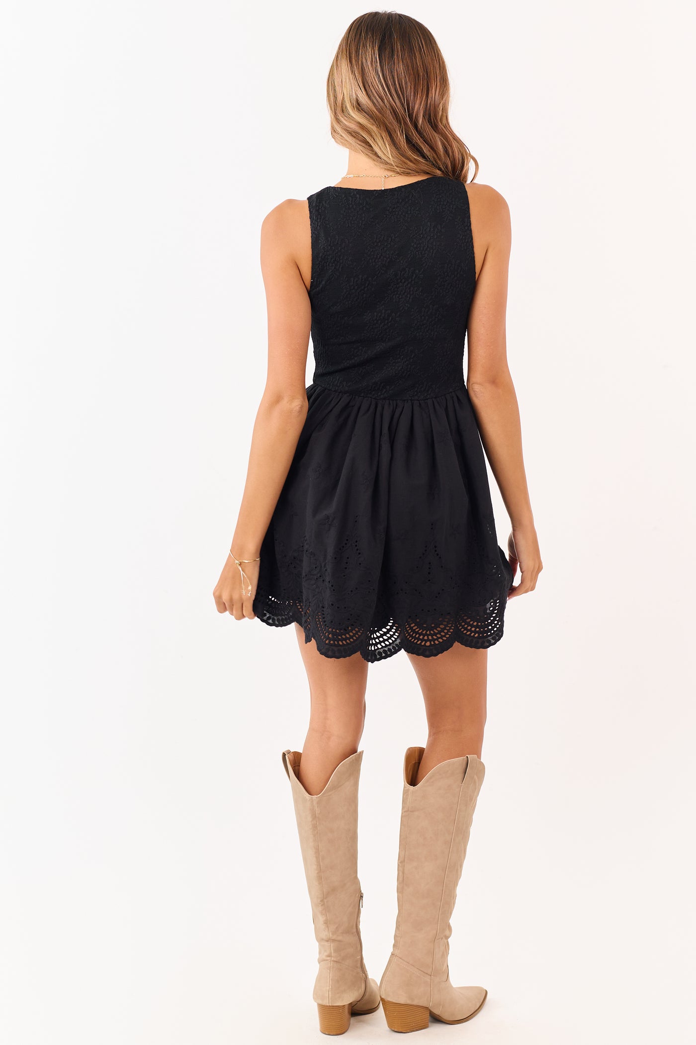Black Eyelet Cotton Lace V-Neck Skater Mini Dress
