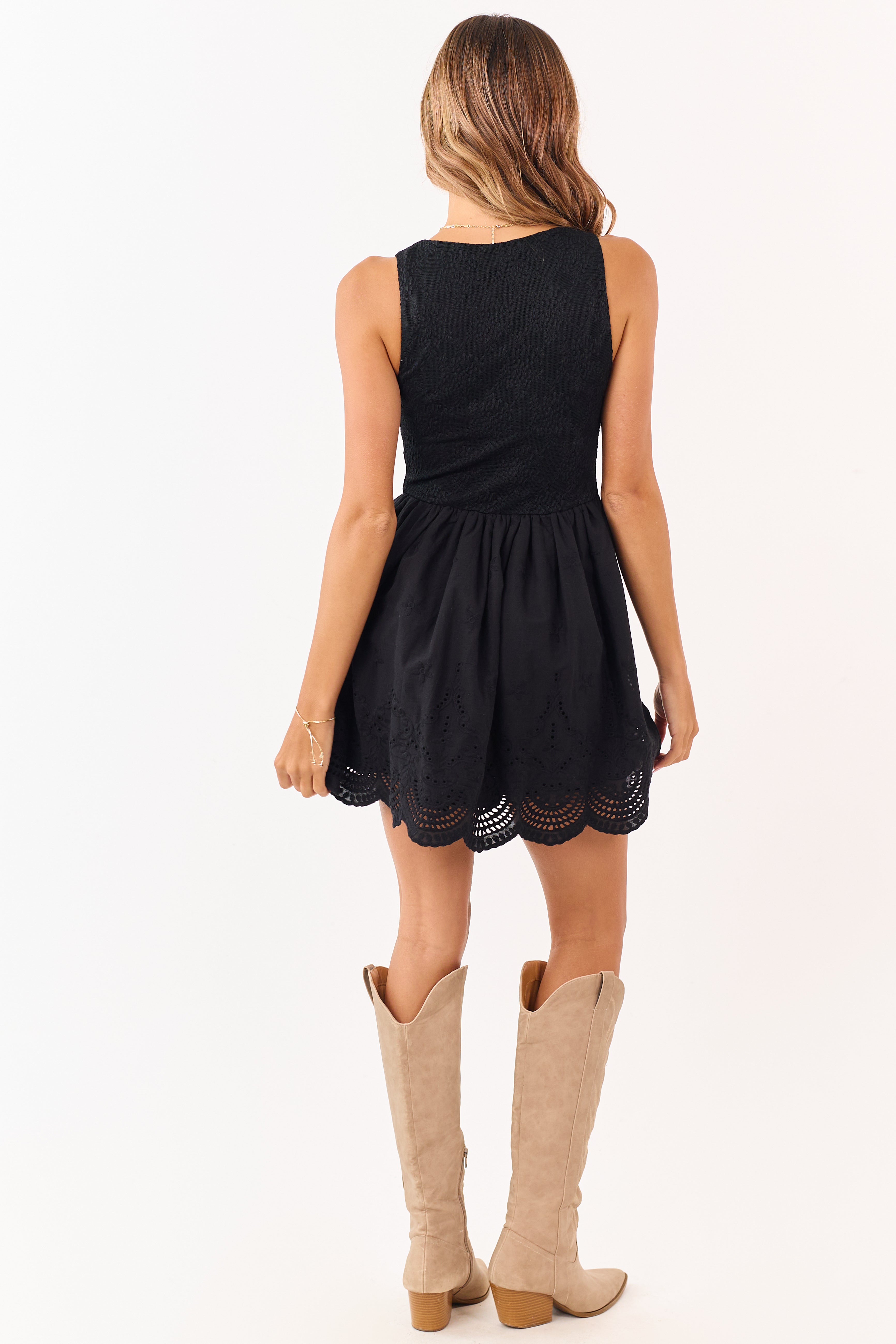 Black Eyelet Cotton Lace V-Neck Skater Mini Dress