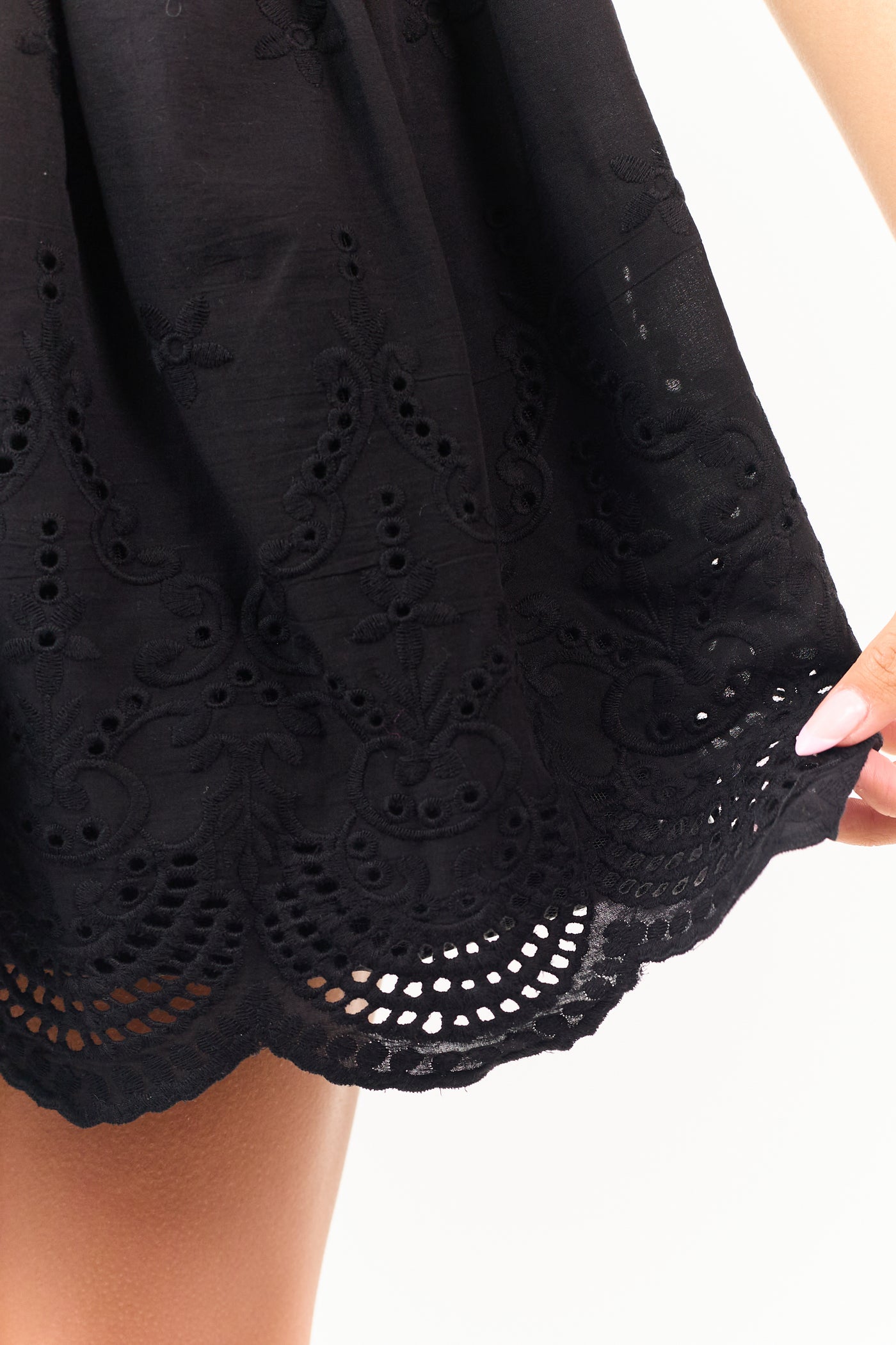Black Eyelet Cotton Lace V-Neck Skater Mini Dress