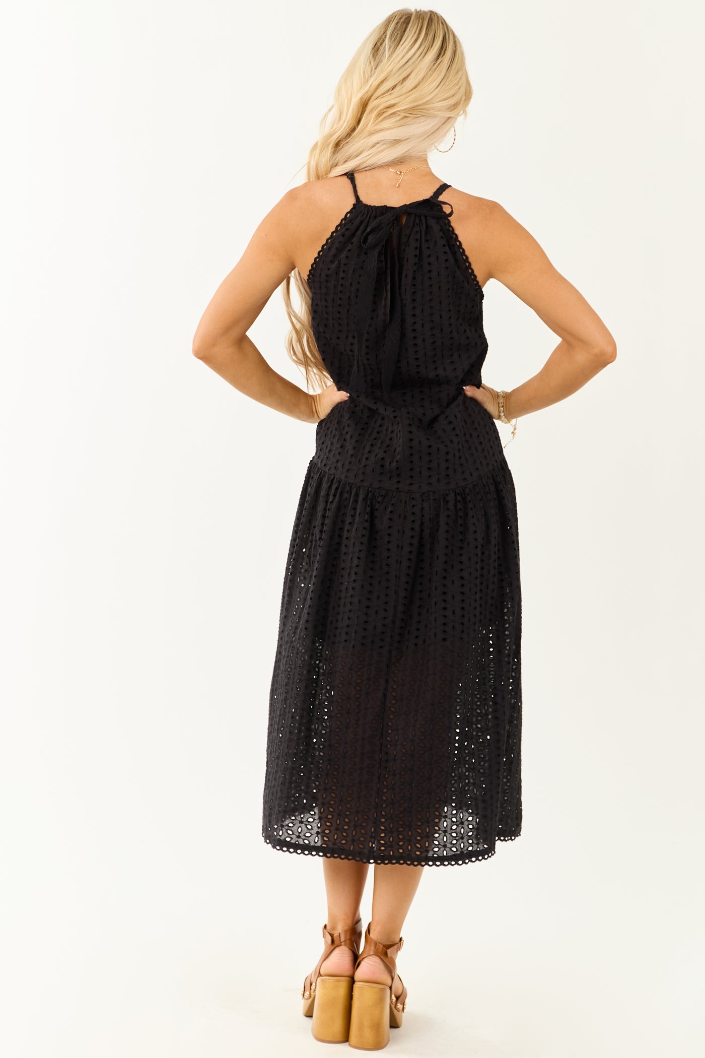 Black Eyelet Halter Tent Style Cotton Midi Dress Black Eyelet Halter Tent Style Cotton Midi Dress