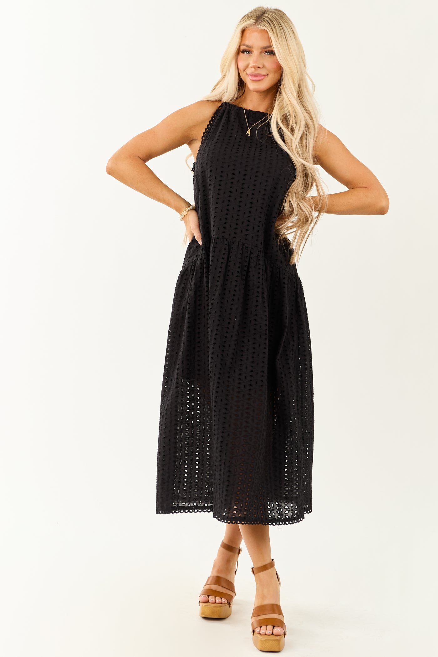 Black Eyelet Halter Tent Style Cotton Midi Dress Black Eyelet Halter Tent Style Cotton Midi Dress