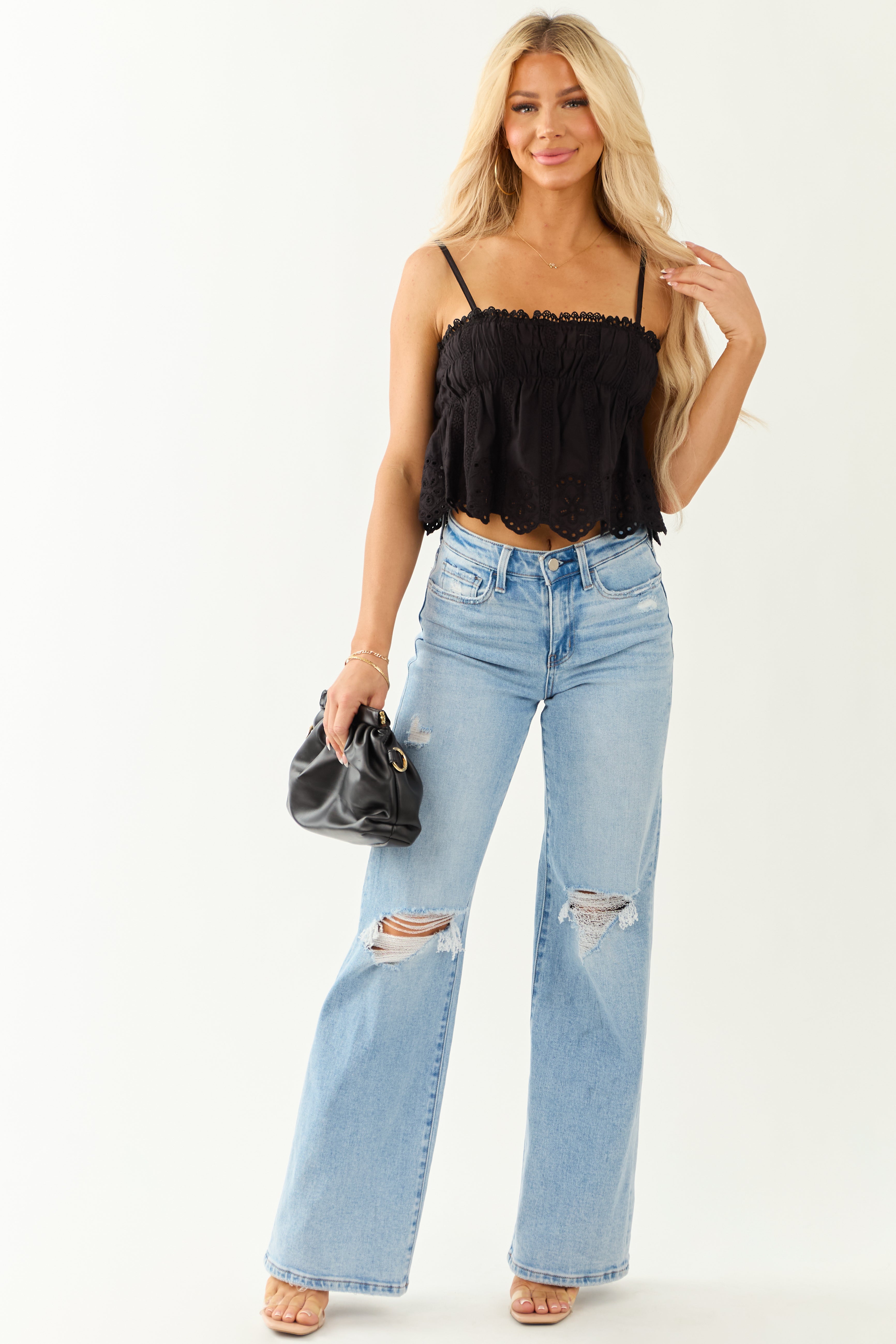 Black Eyelet Lace Trim Sleeveless Ruffle Blouse