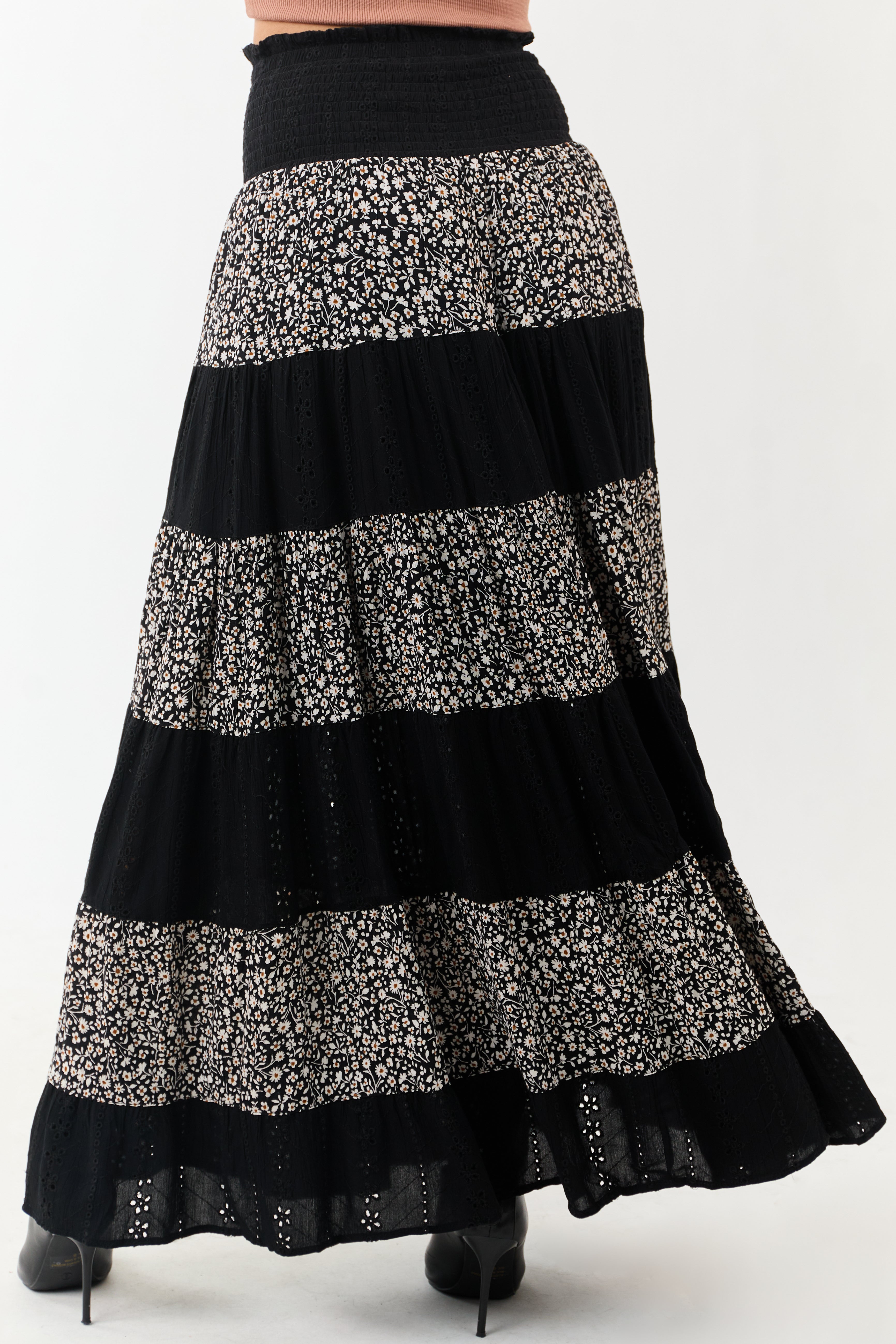 Black Eyelet Lace and Floral Print Tiered Maxi Skirt