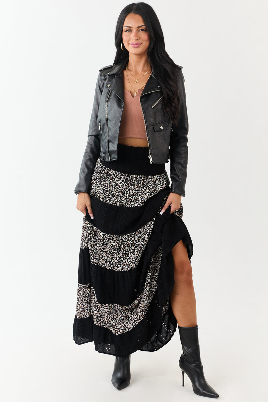 Black Eyelet Lace and Floral Print Tiered Maxi Skirt