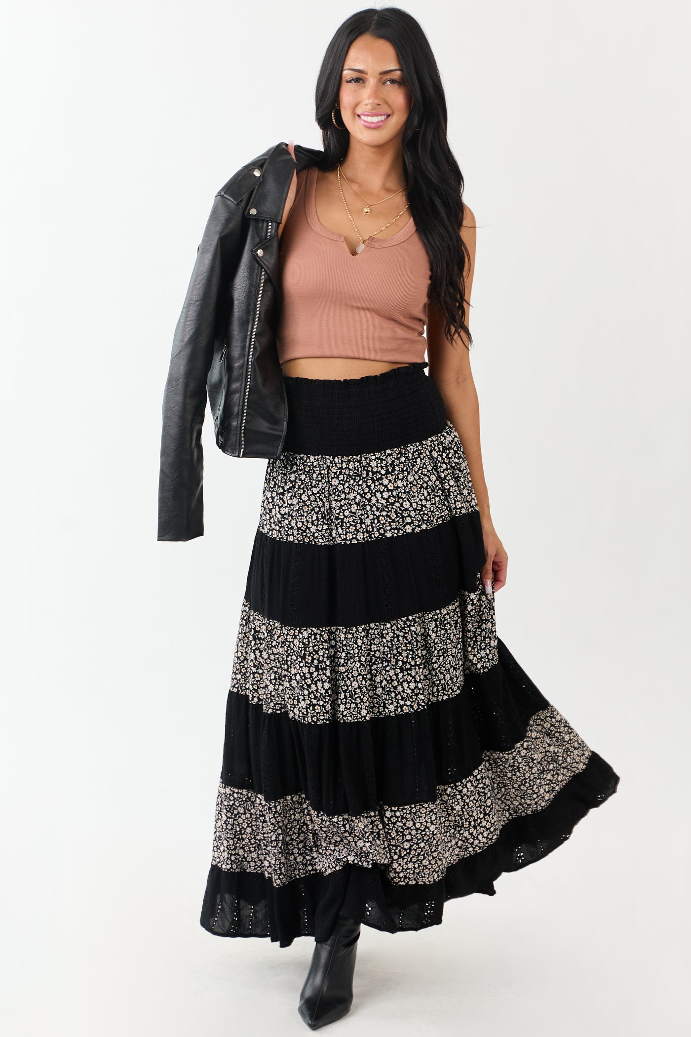 Black Eyelet Lace and Floral Print Tiered Maxi Skirt