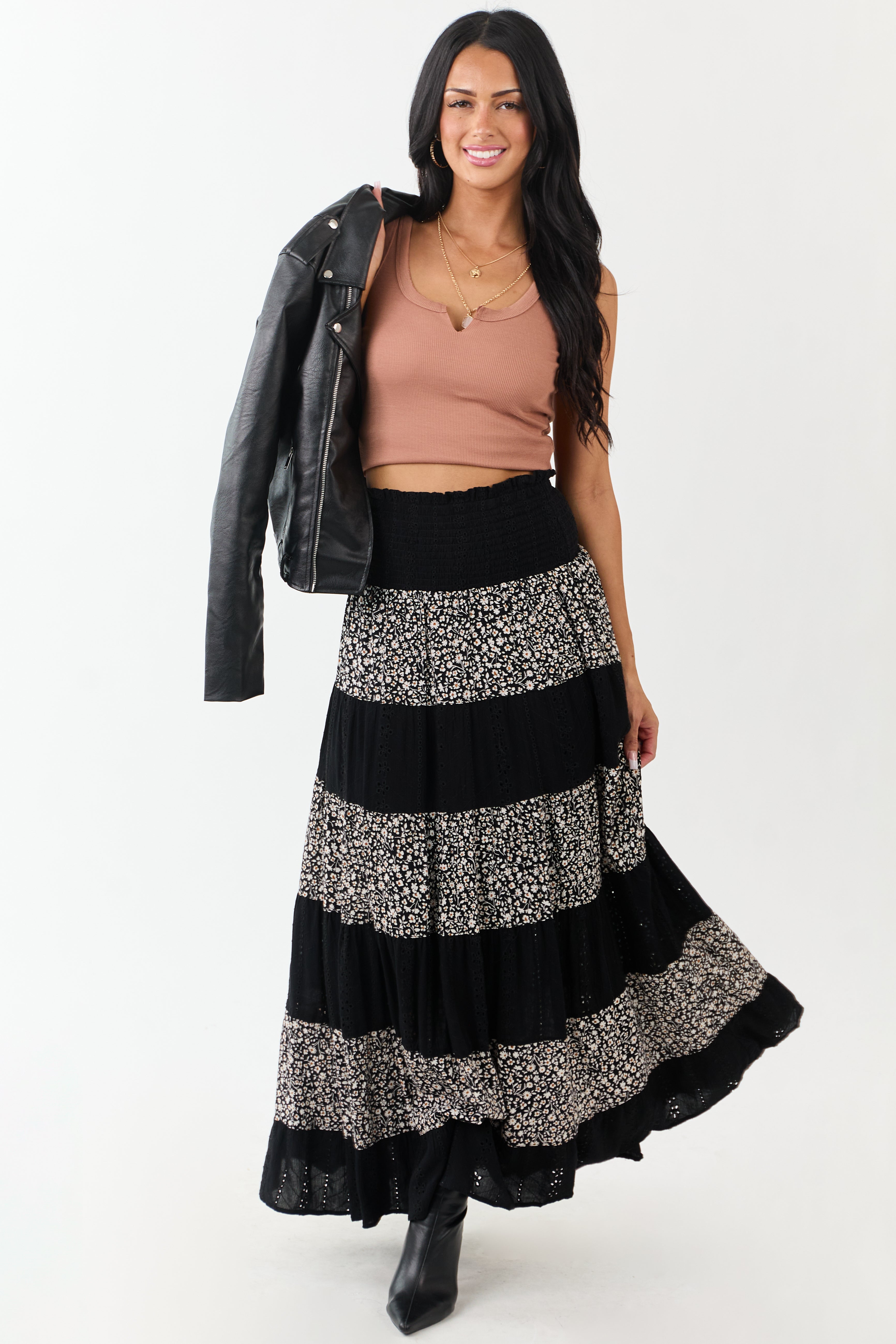 Black Eyelet Lace and Floral Print Tiered Maxi Skirt