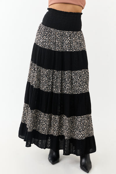 Black Eyelet Lace and Floral Print Tiered Maxi Skirt