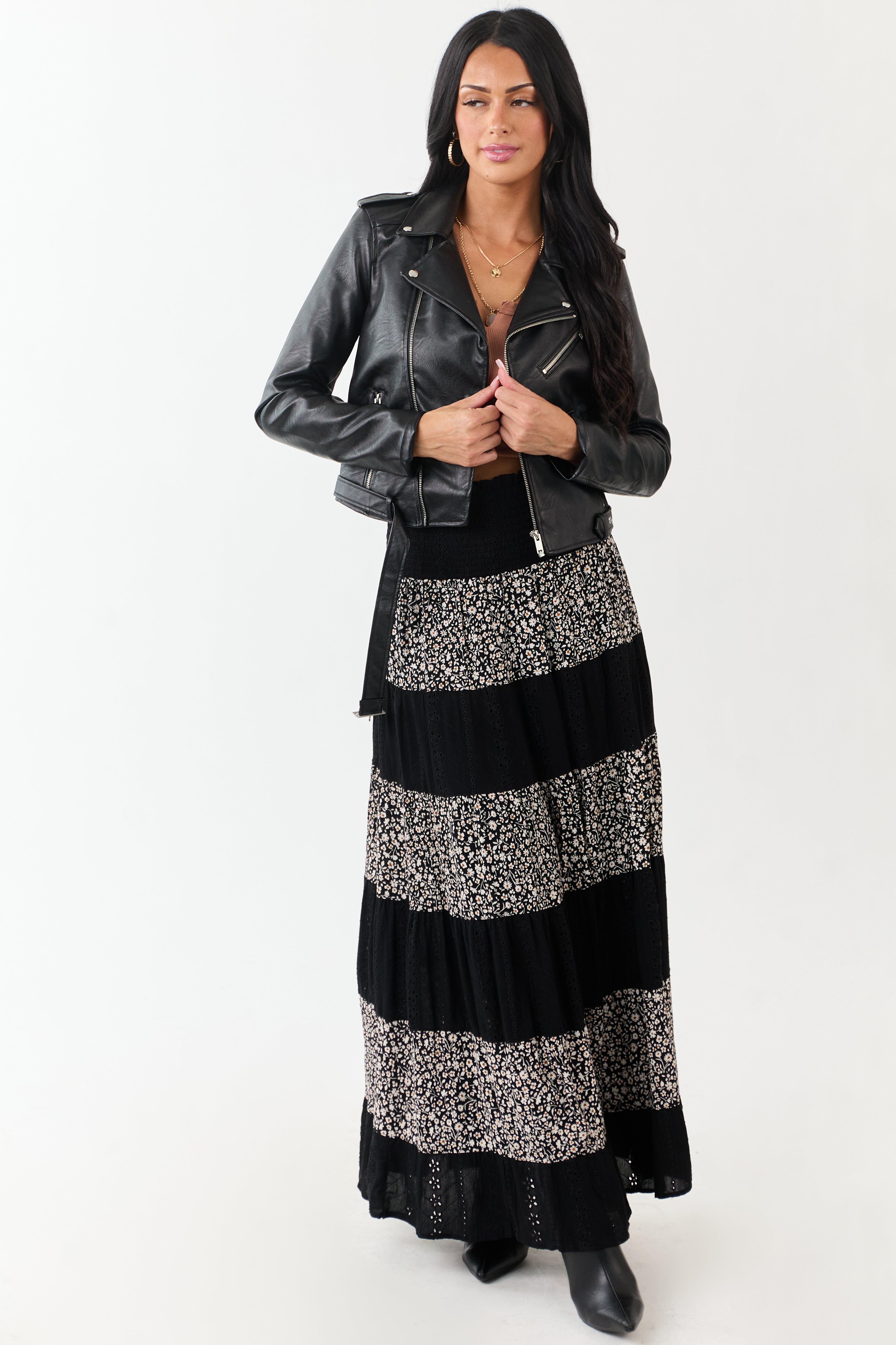 Black Eyelet Lace and Floral Print Tiered Maxi Skirt