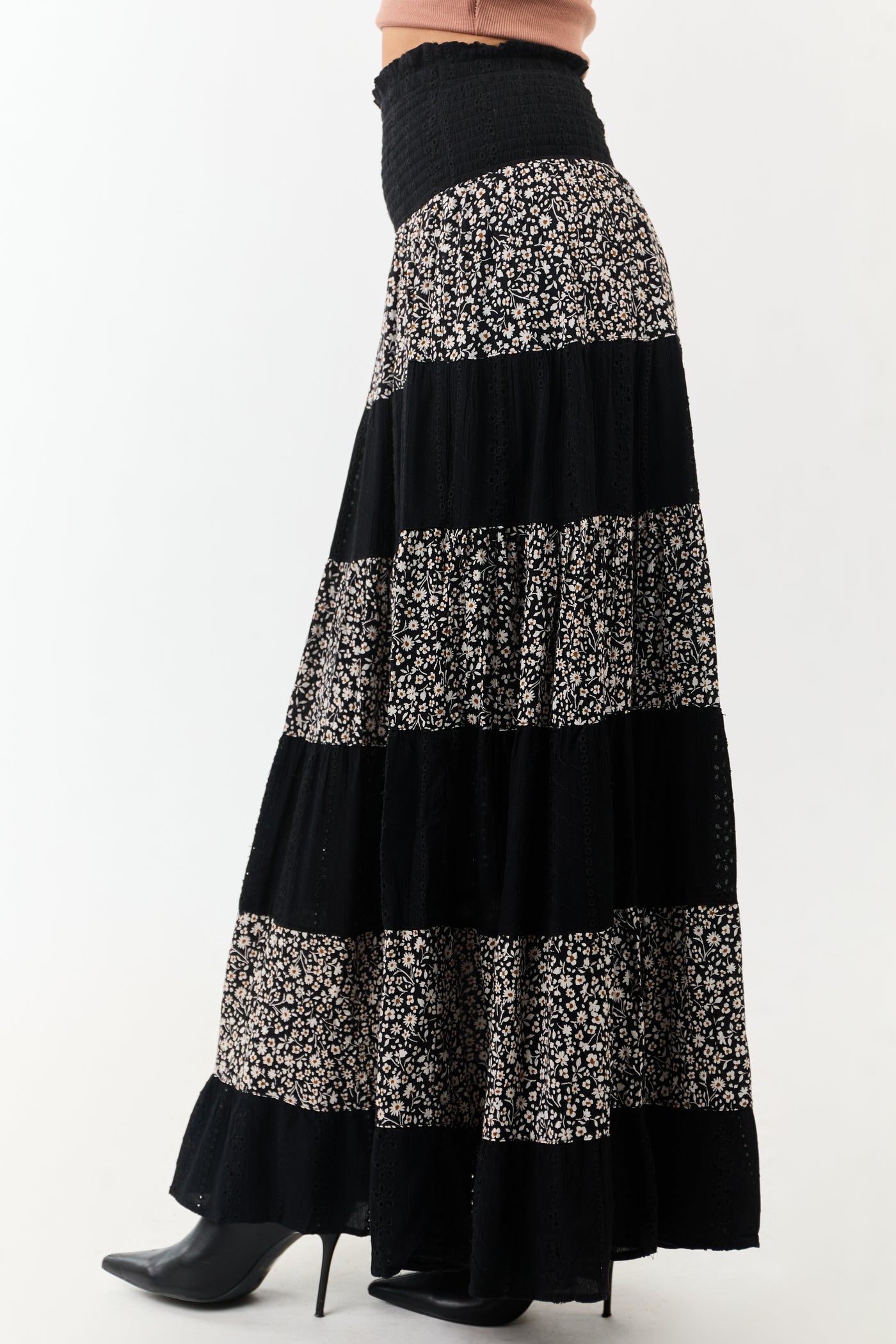 Black Eyelet Lace and Floral Print Tiered Maxi Skirt