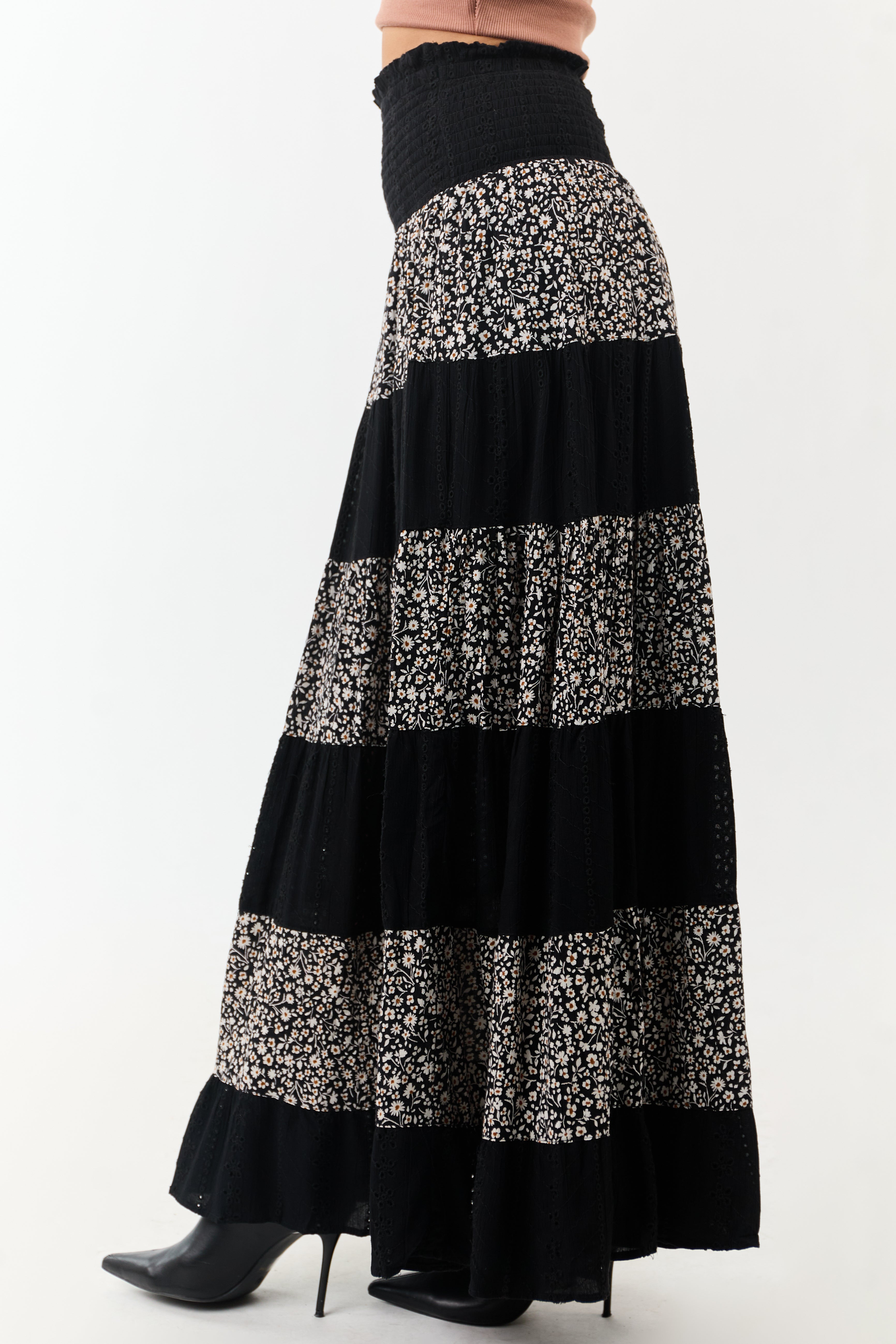 Black Eyelet Lace and Floral Print Tiered Maxi Skirt