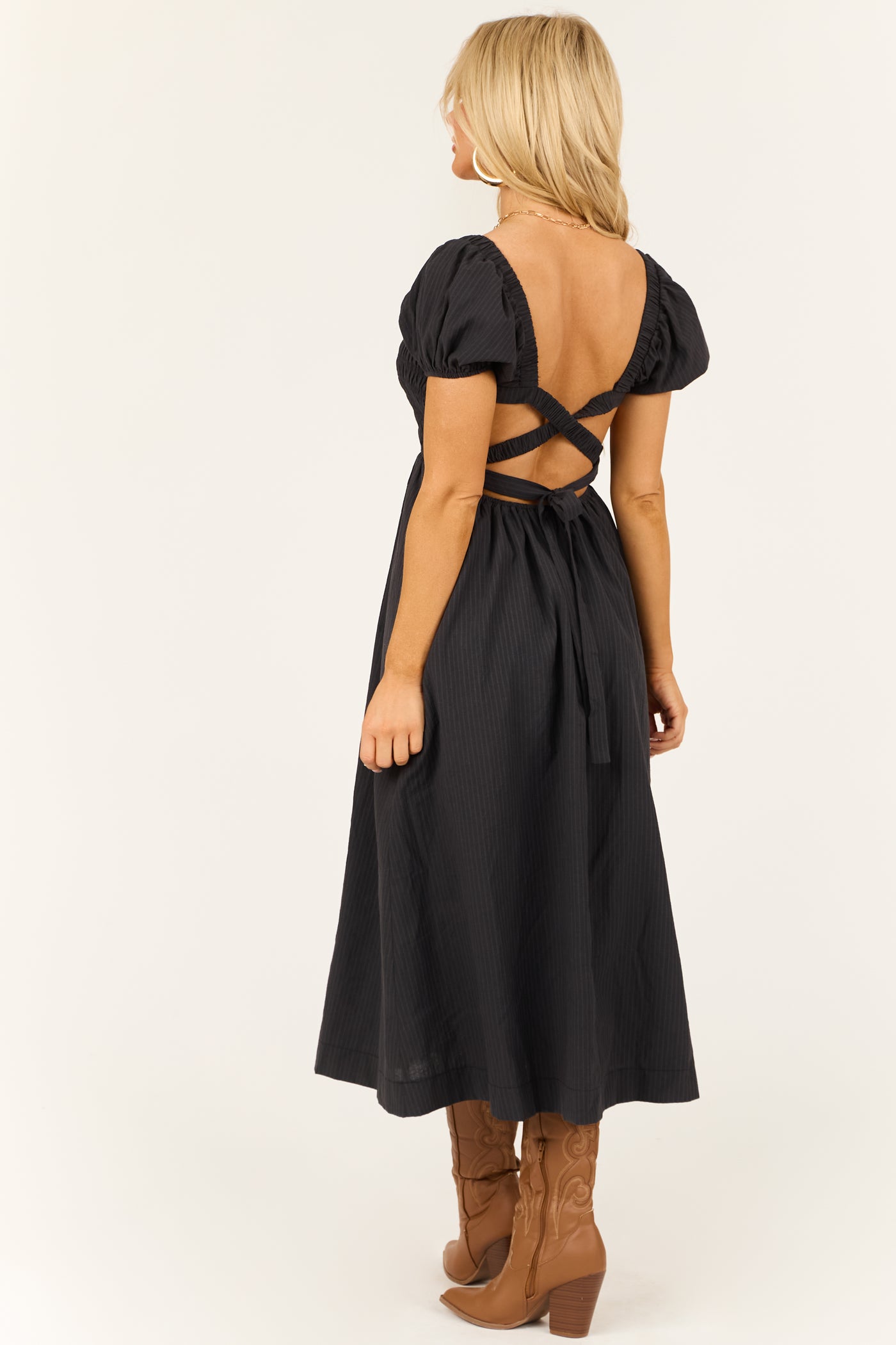 Black Faded Stripe Smocked Short Sleeve Maxi Dress - XS Black Faded Stripe Smocked Short Sleeve Maxi Dress - XS