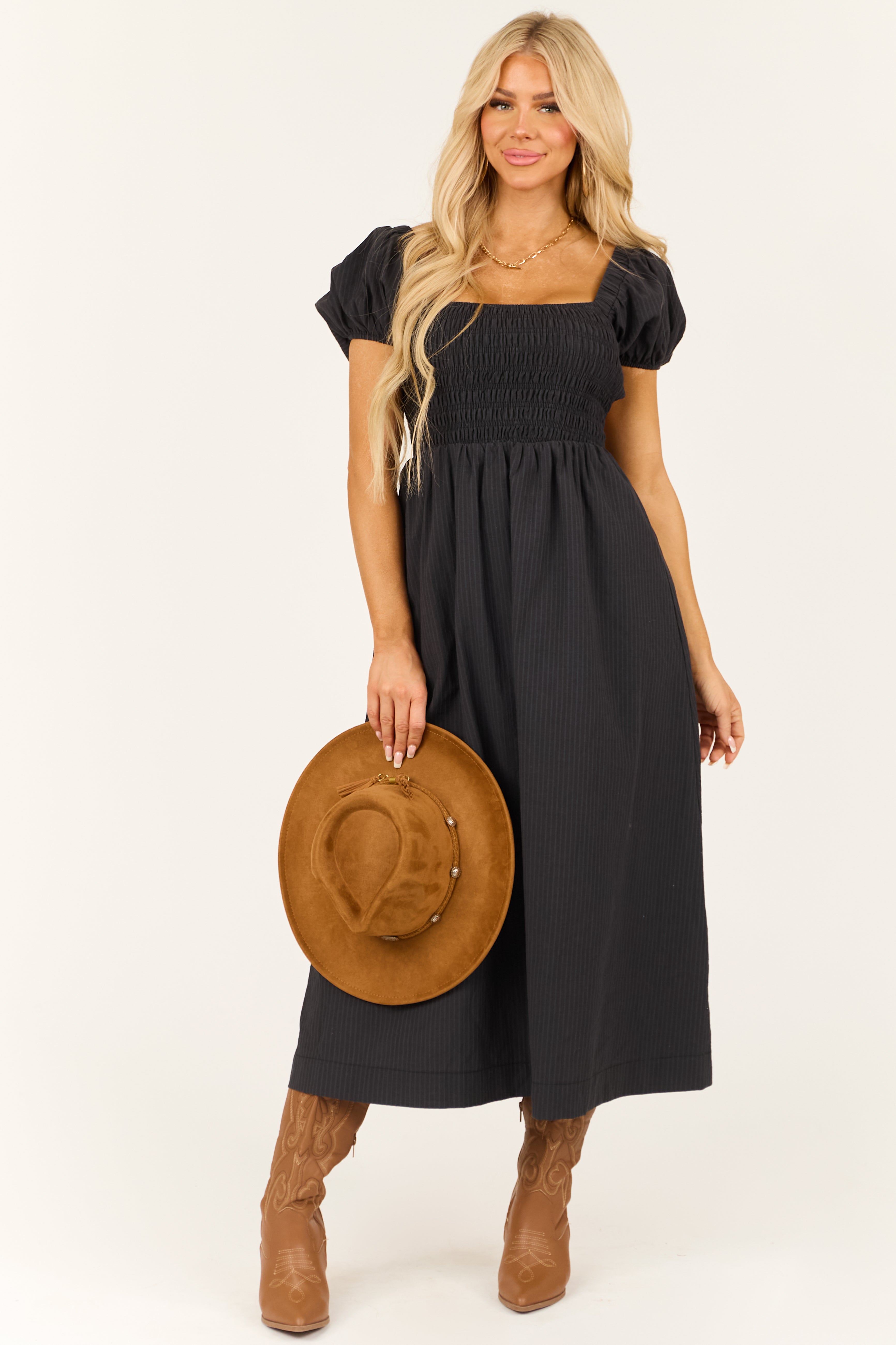 black short sleeve maxi dress Black Faded Stripe Smocked Short Sleeve Maxi Dress