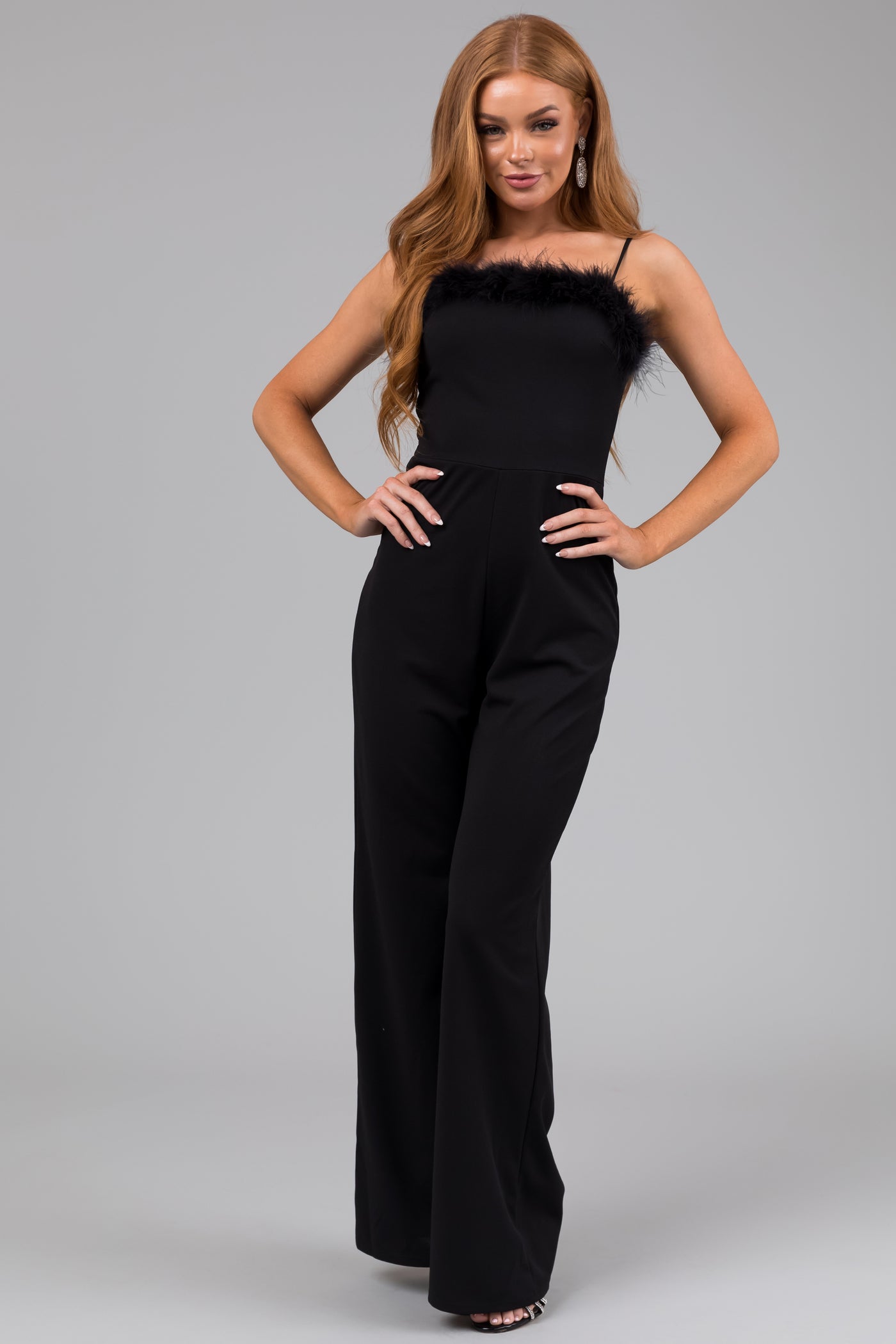 Black Faux Feather Trim Sleeveless Jumpsuit