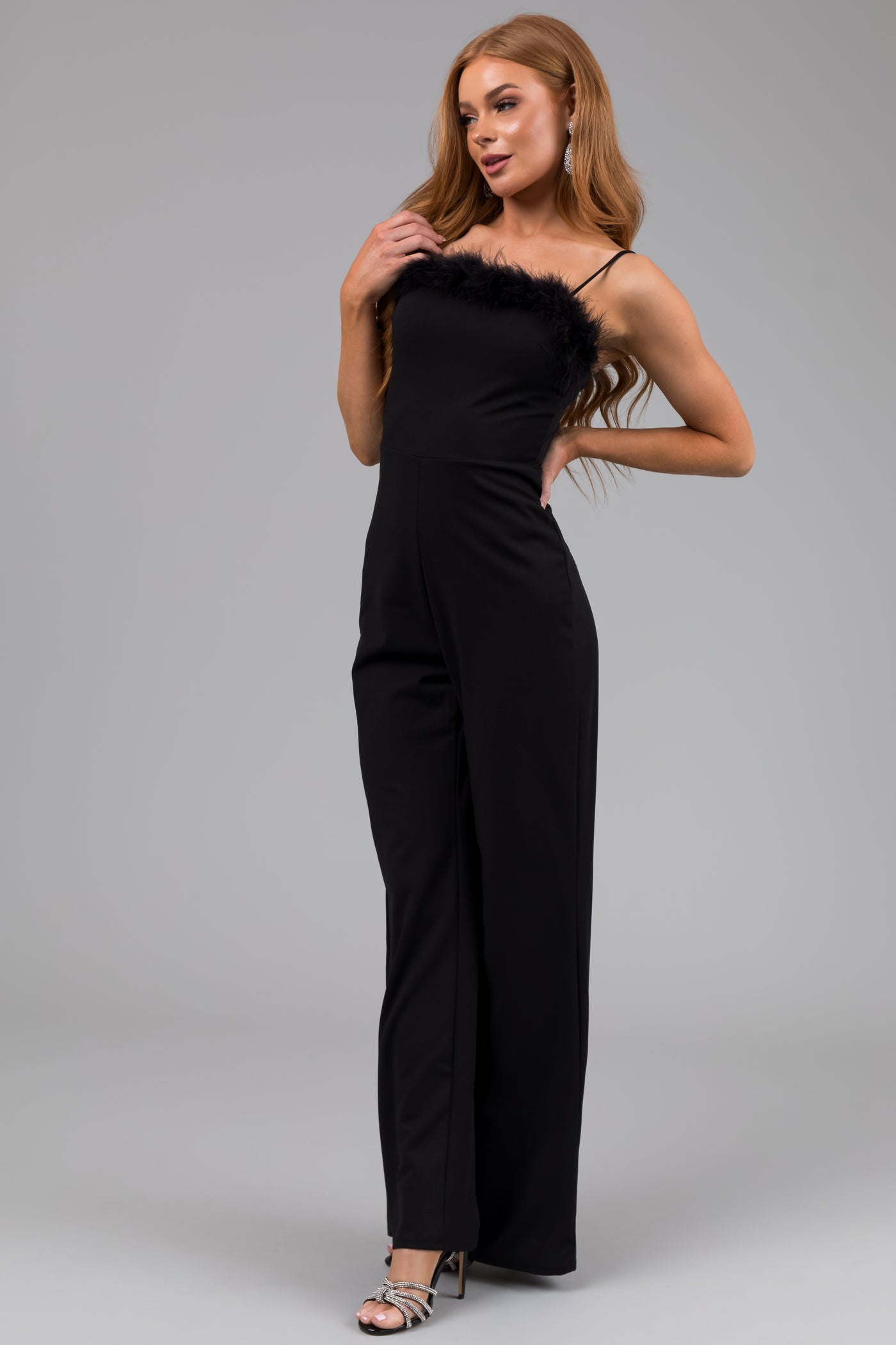 Black Faux Feather Trim Sleeveless Jumpsuit