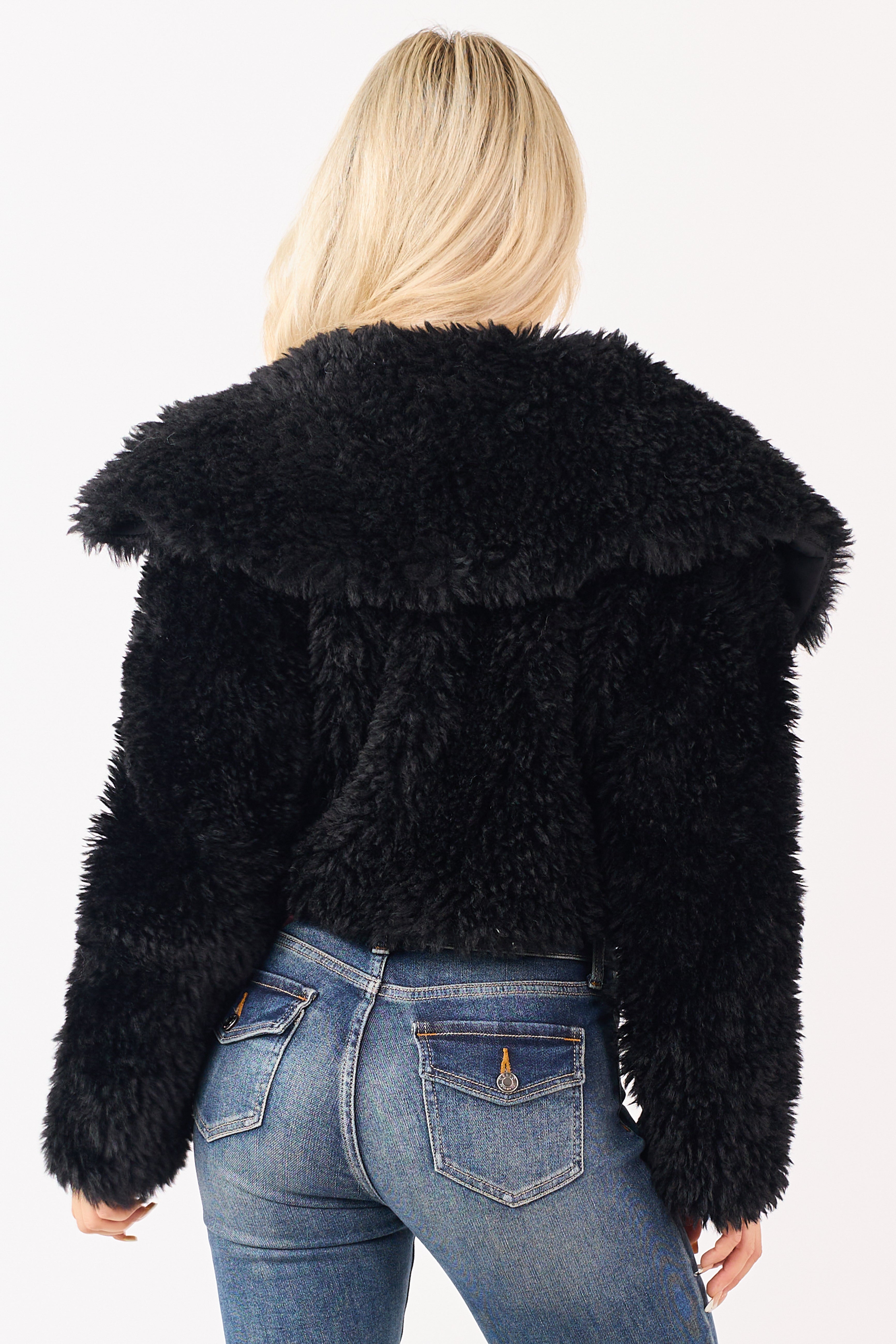 Black Faux Fur Cropped Collared Button Down Jacket