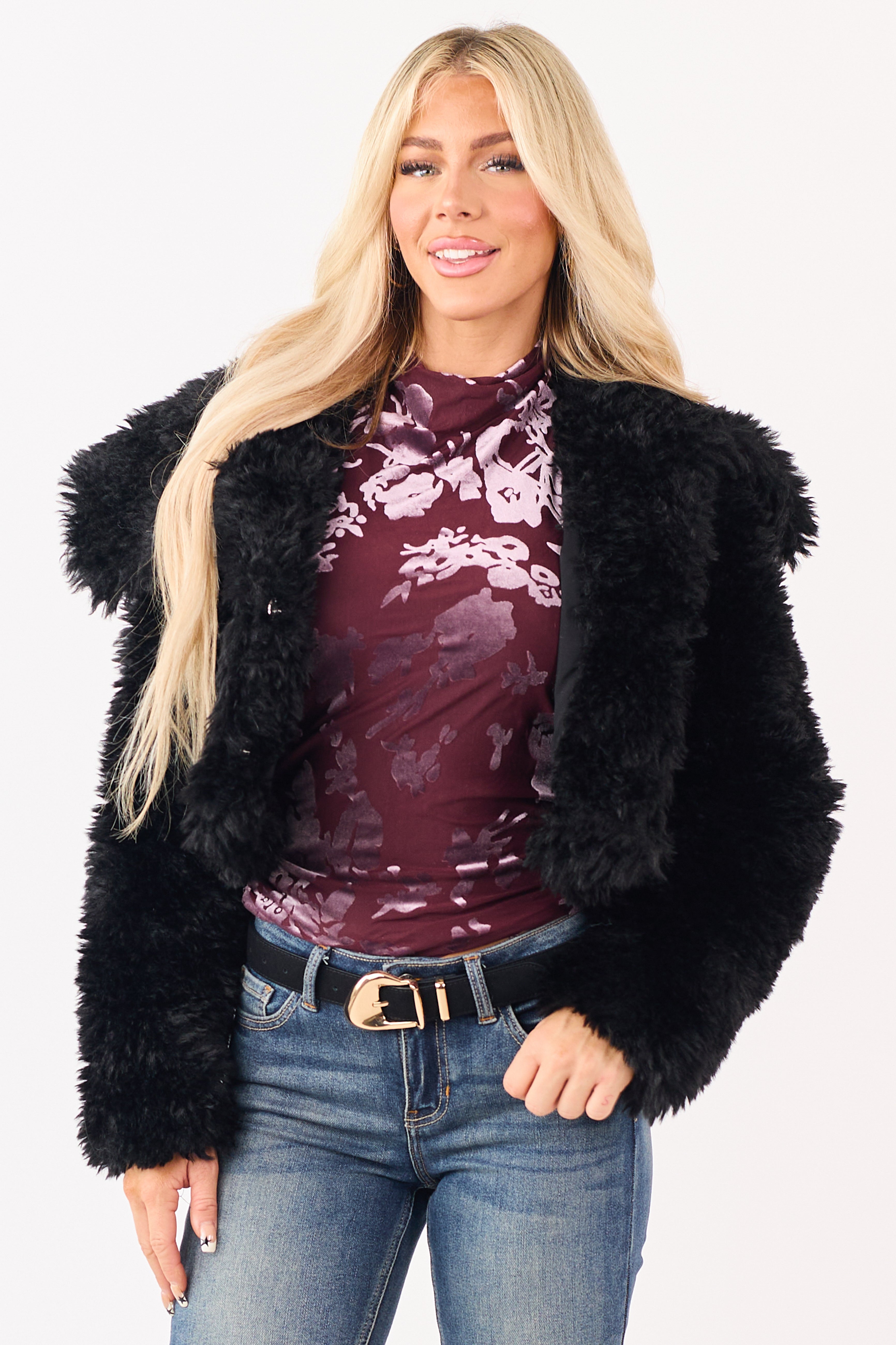 Black Faux Fur Cropped Collared Button Down Jacket