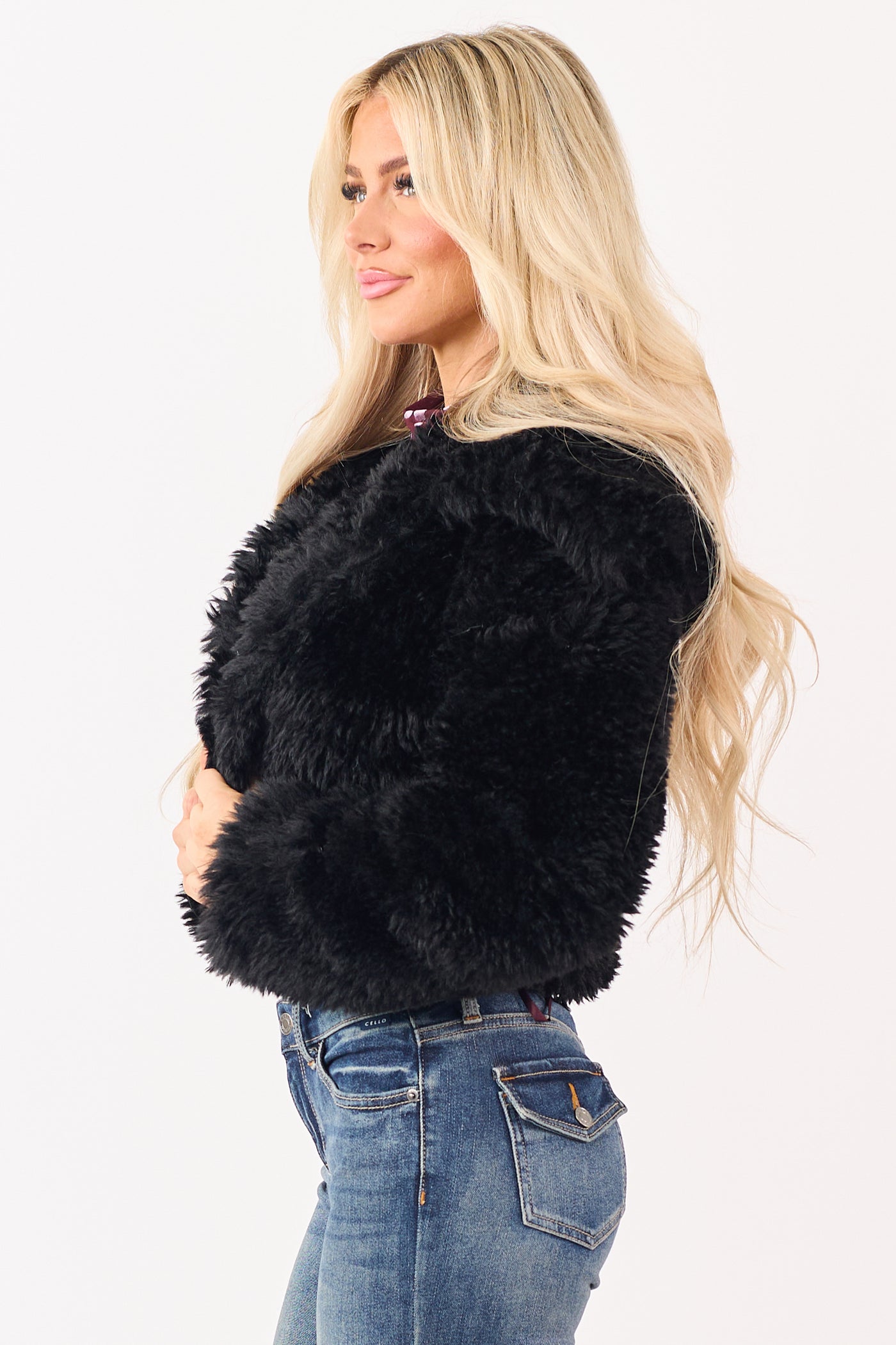 Black Faux Fur Cropped Collared Button Down Jacket