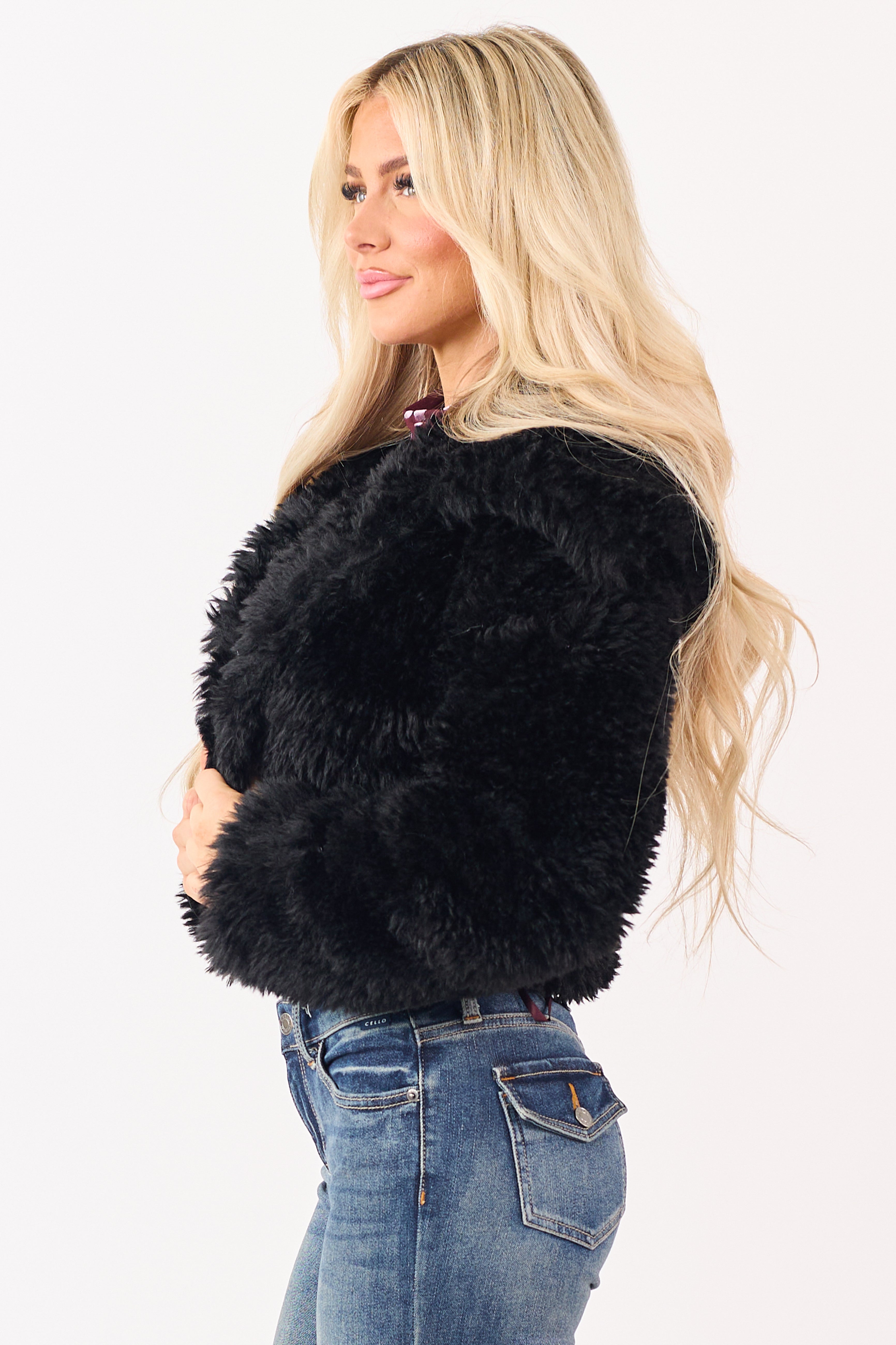 Black Faux Fur Cropped Collared Button Down Jacket