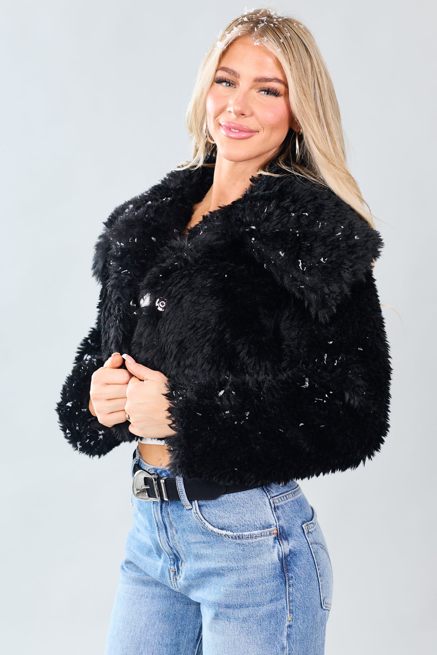 Black Faux Fur Cropped Collared Button Down Jacket