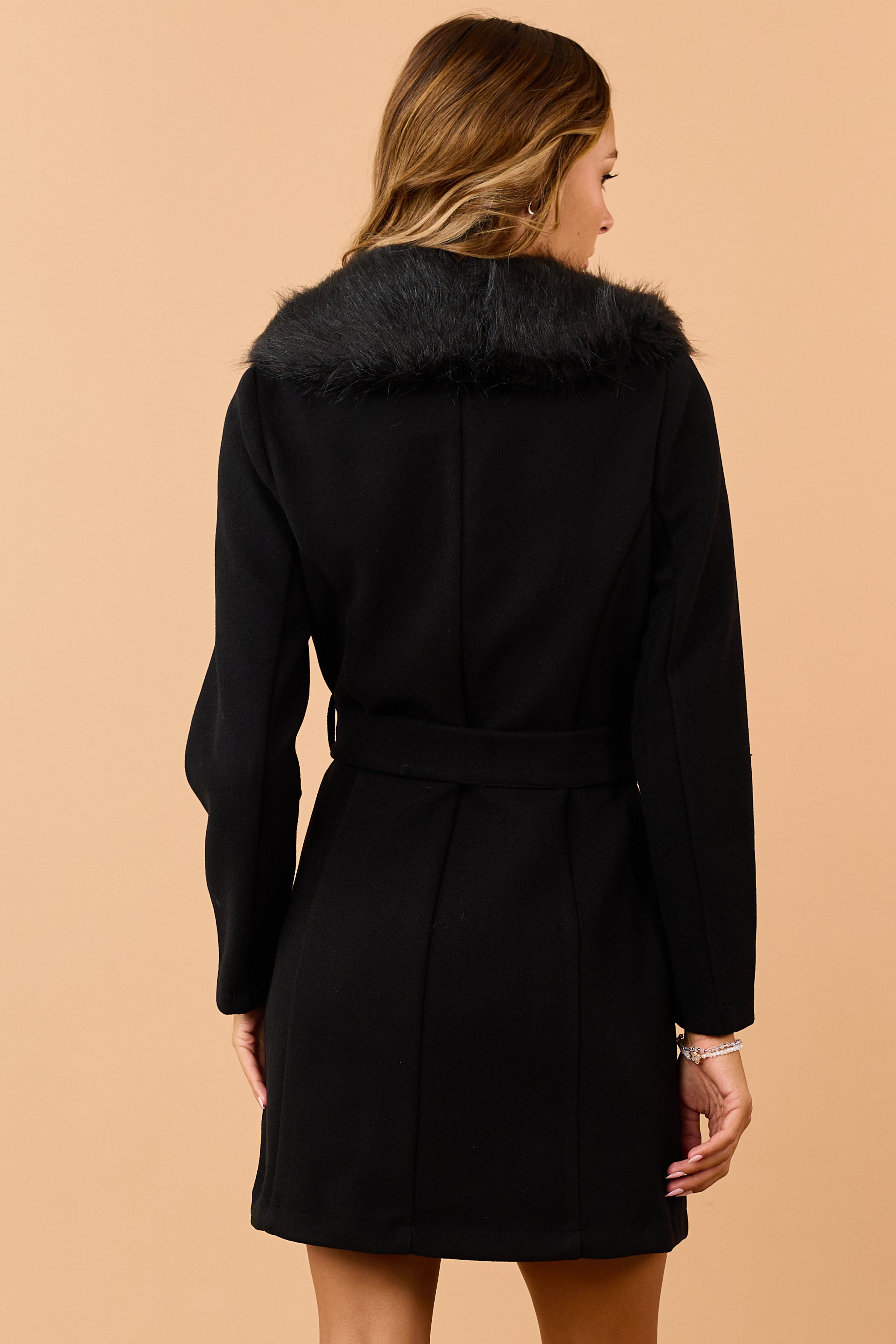 Black Faux Fur Lapel Collar Waist Tie Long Coat