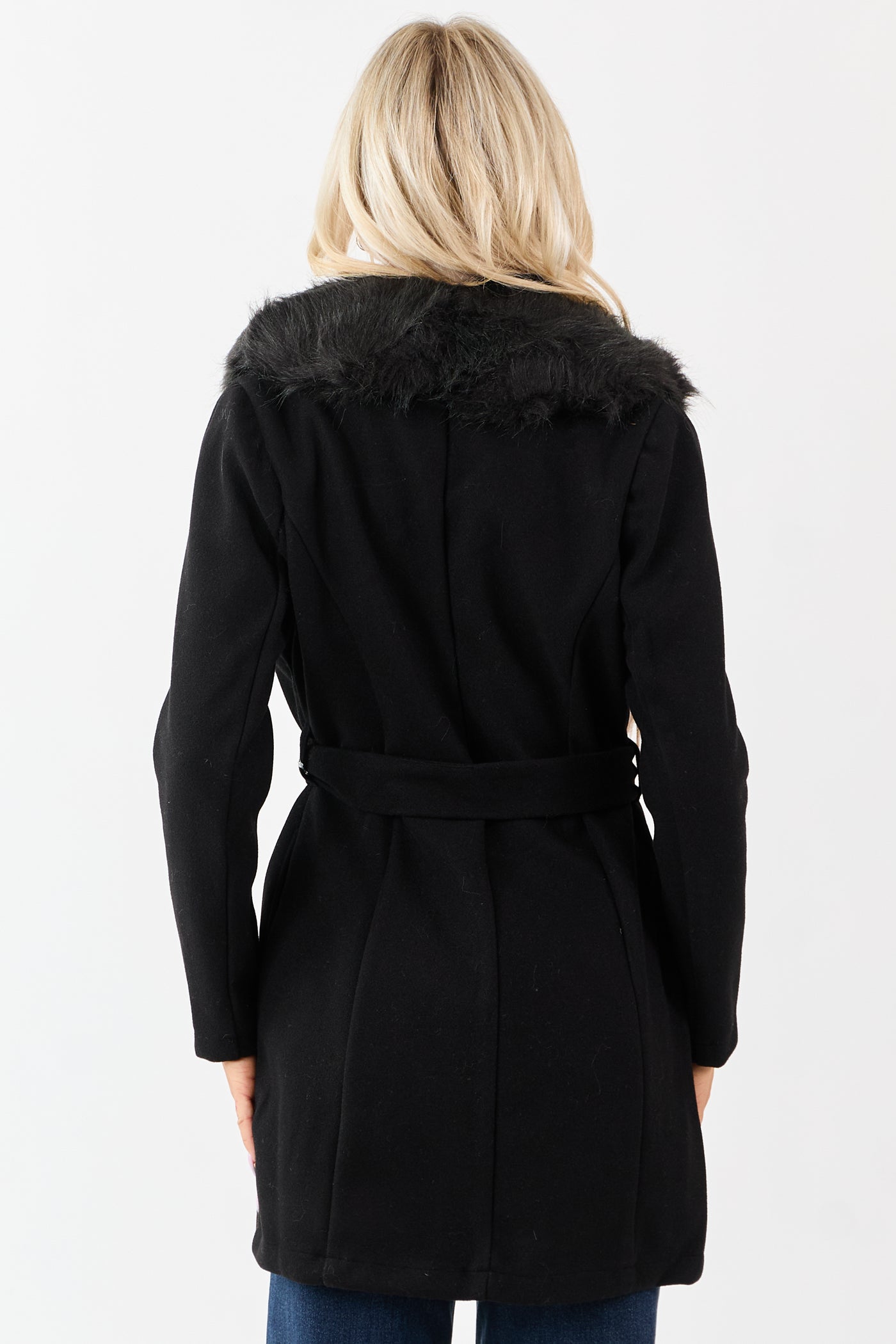 Black Faux Fur Lapel Collar Waist Tie Long Coat