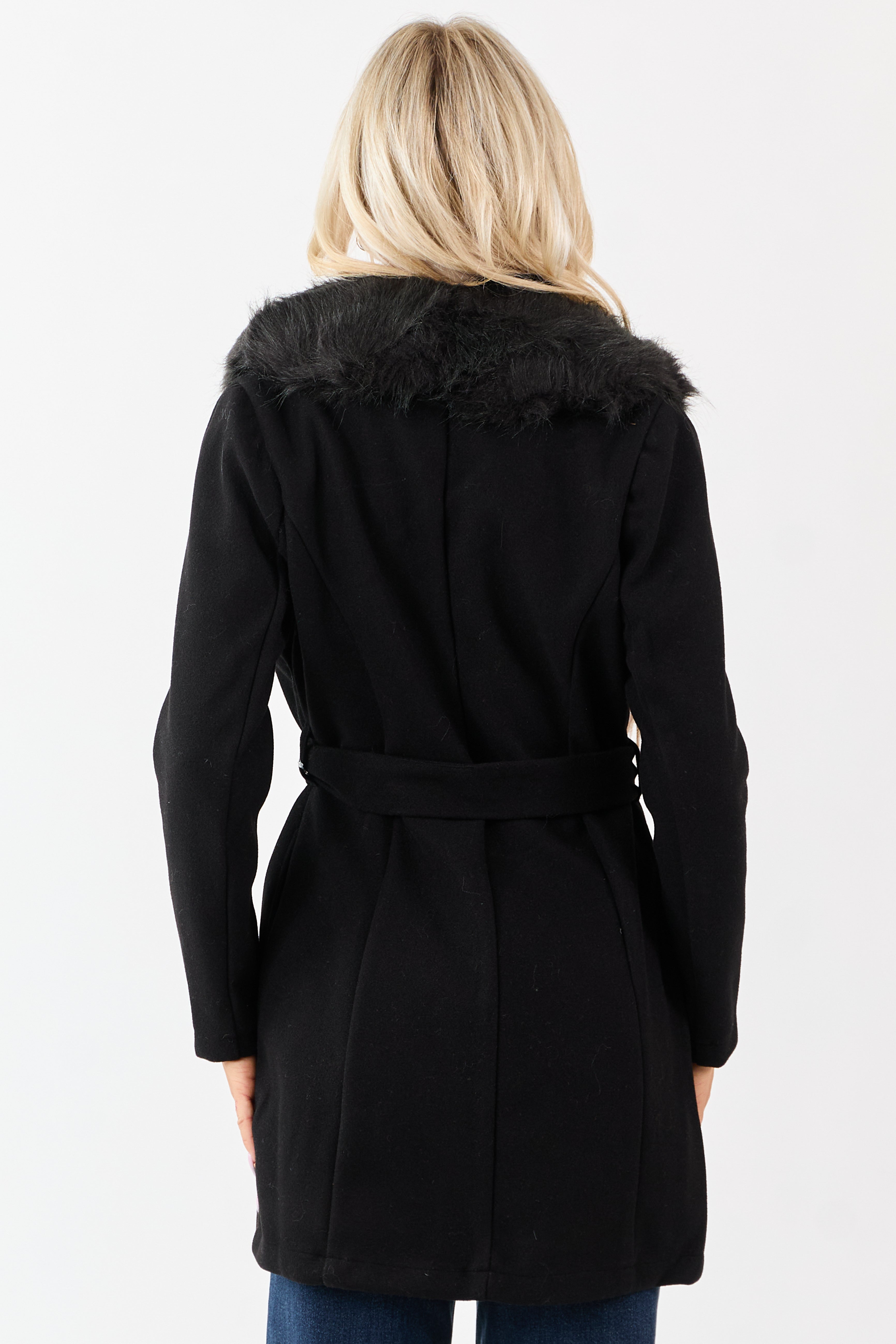 Black Faux Fur Lapel Collar Waist Tie Long Coat