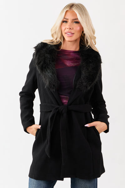 Black Faux Fur Lapel Collar Waist Tie Long Coat