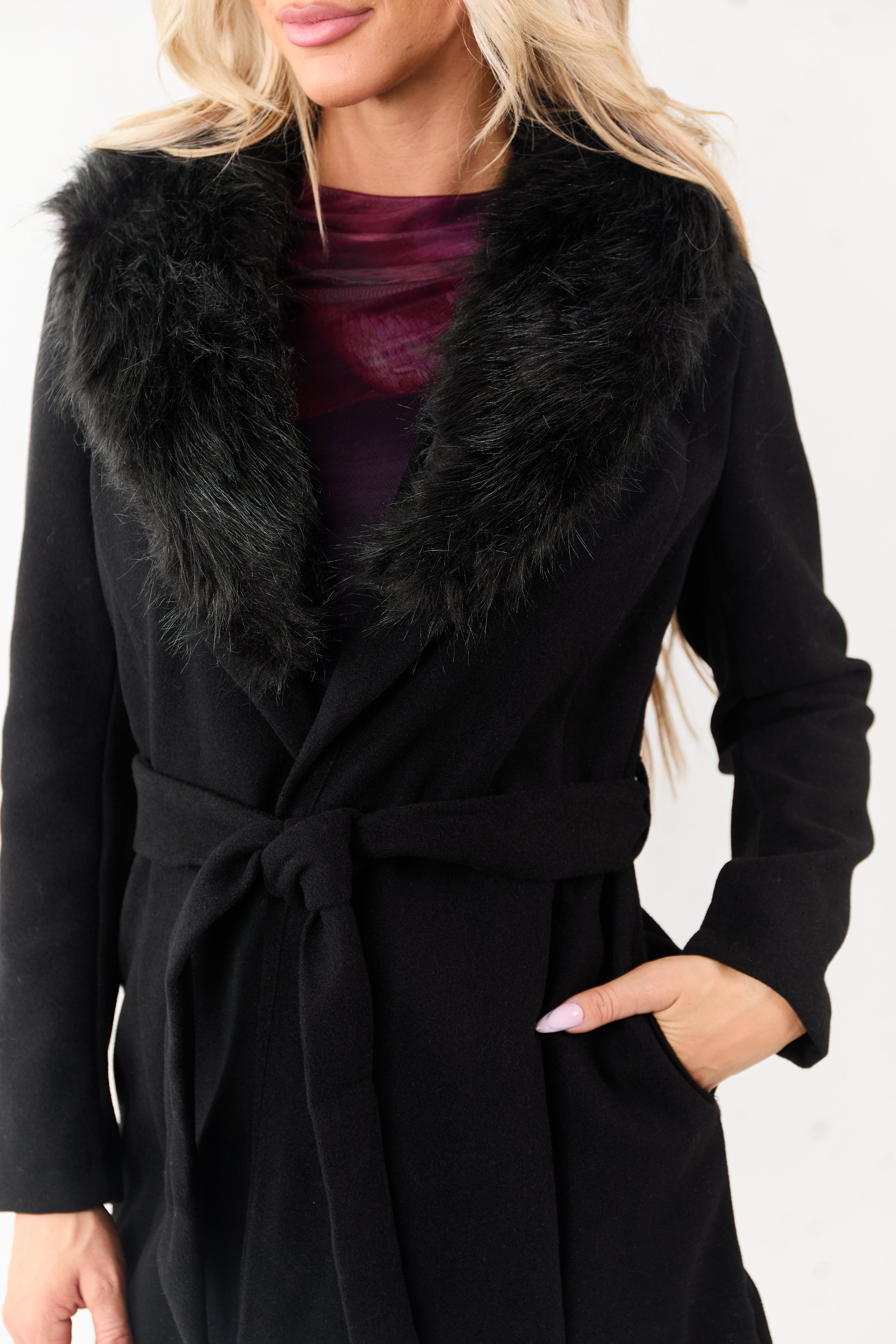 Black Faux Fur Lapel Collar Waist Tie Long Coat