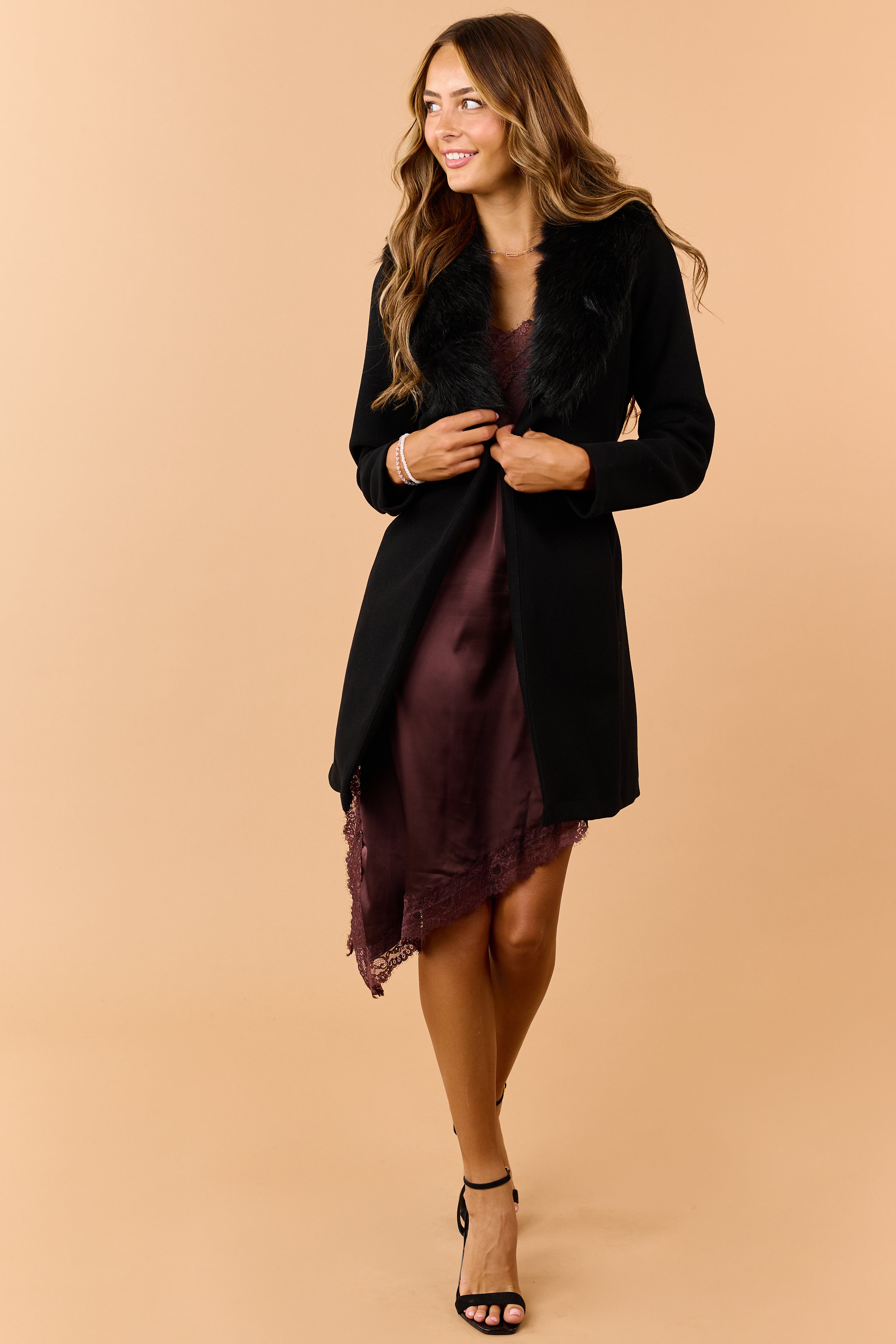 Black Faux Fur Lapel Collar Waist Tie Long Coat